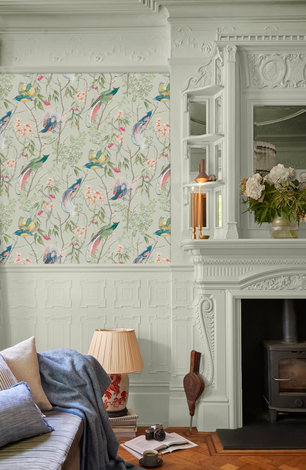 Clavering Birds Morning Sage Wallpaper - 121447_ROOMSET_01.jpg