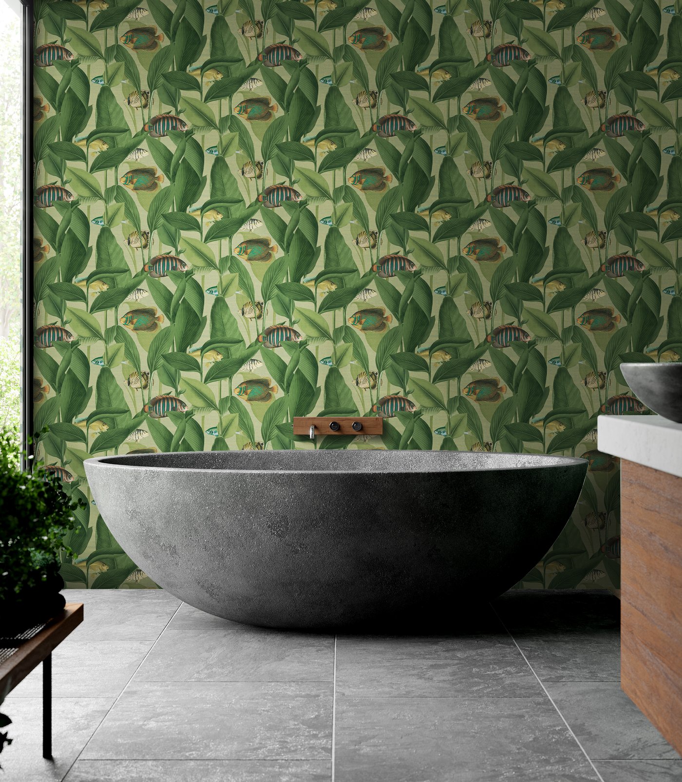 Aquarium Green Wallpaper in a Roomset