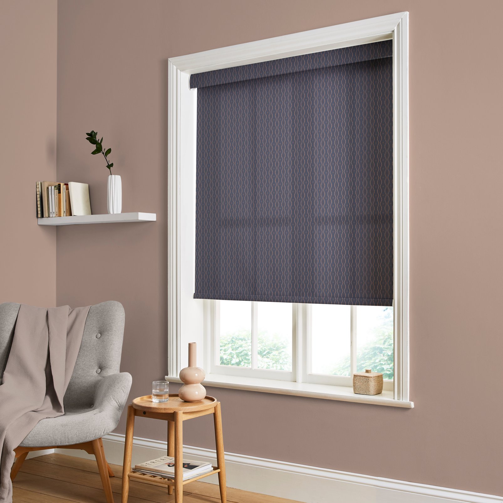 Rustic Ikat Thistle Light Filtering Roller Blind in a Roomset