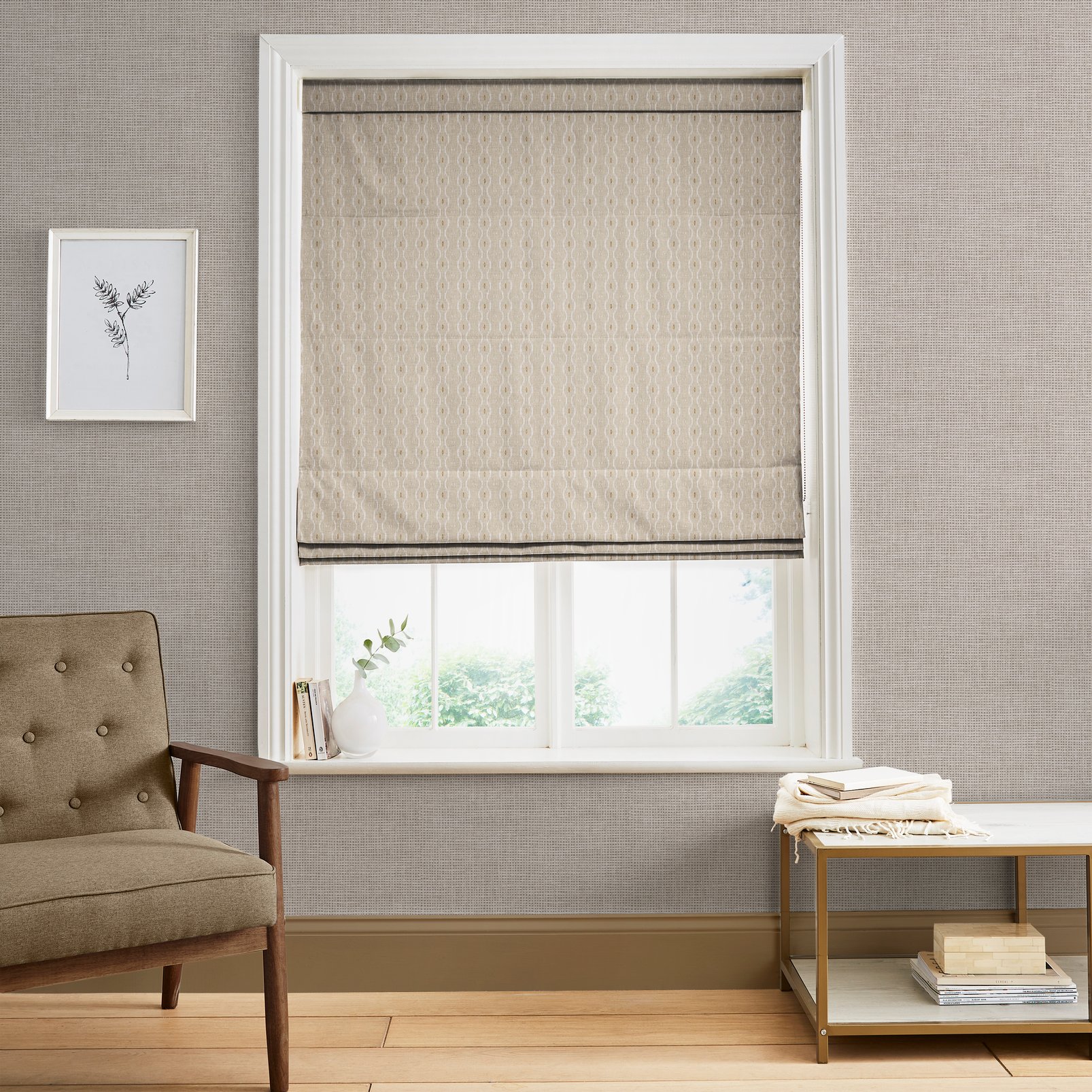 Rustic Ikat Light Natural Roman Blinds in a Roomset