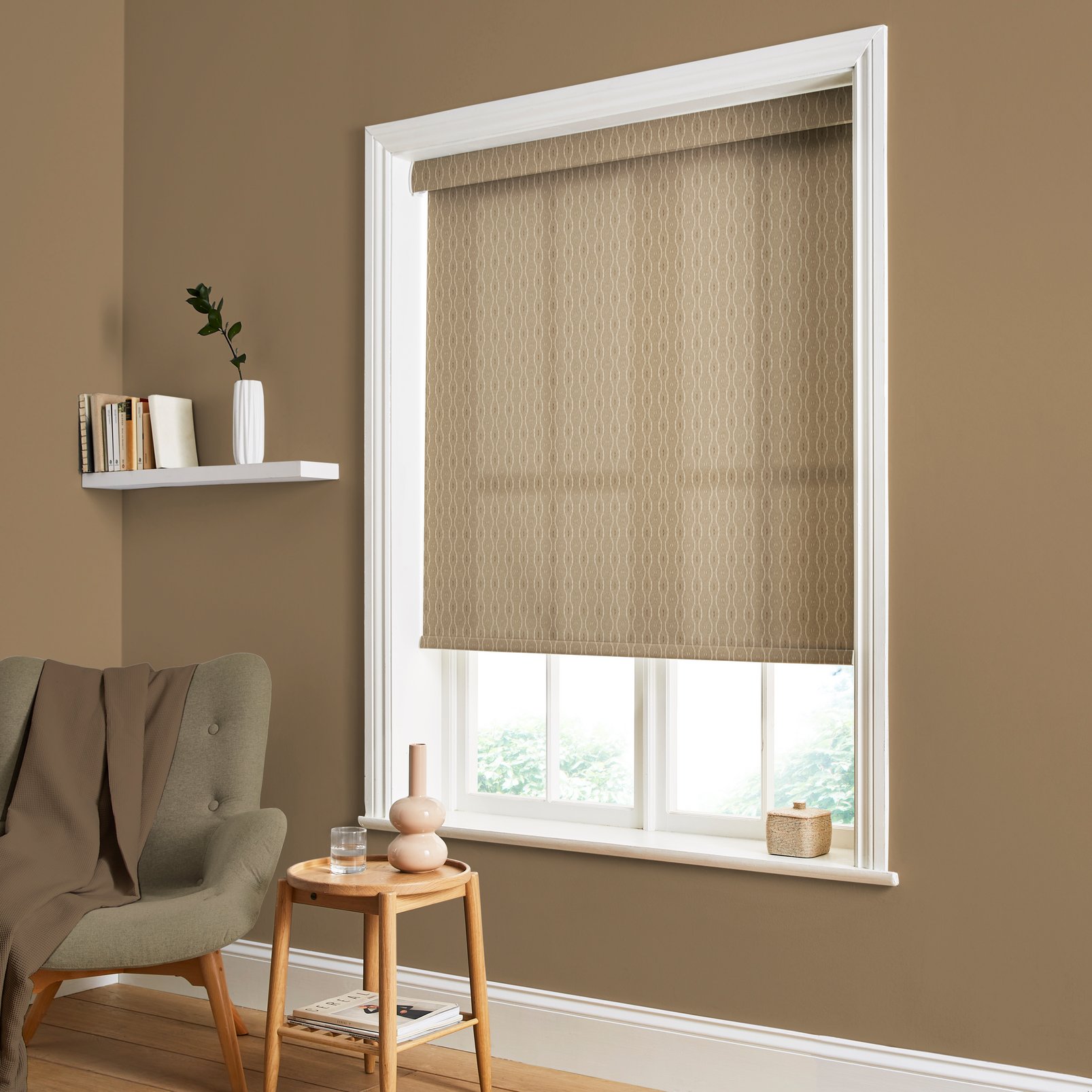 Rustic Ikat Toast Light Filtering Roller Blind in a Roomset