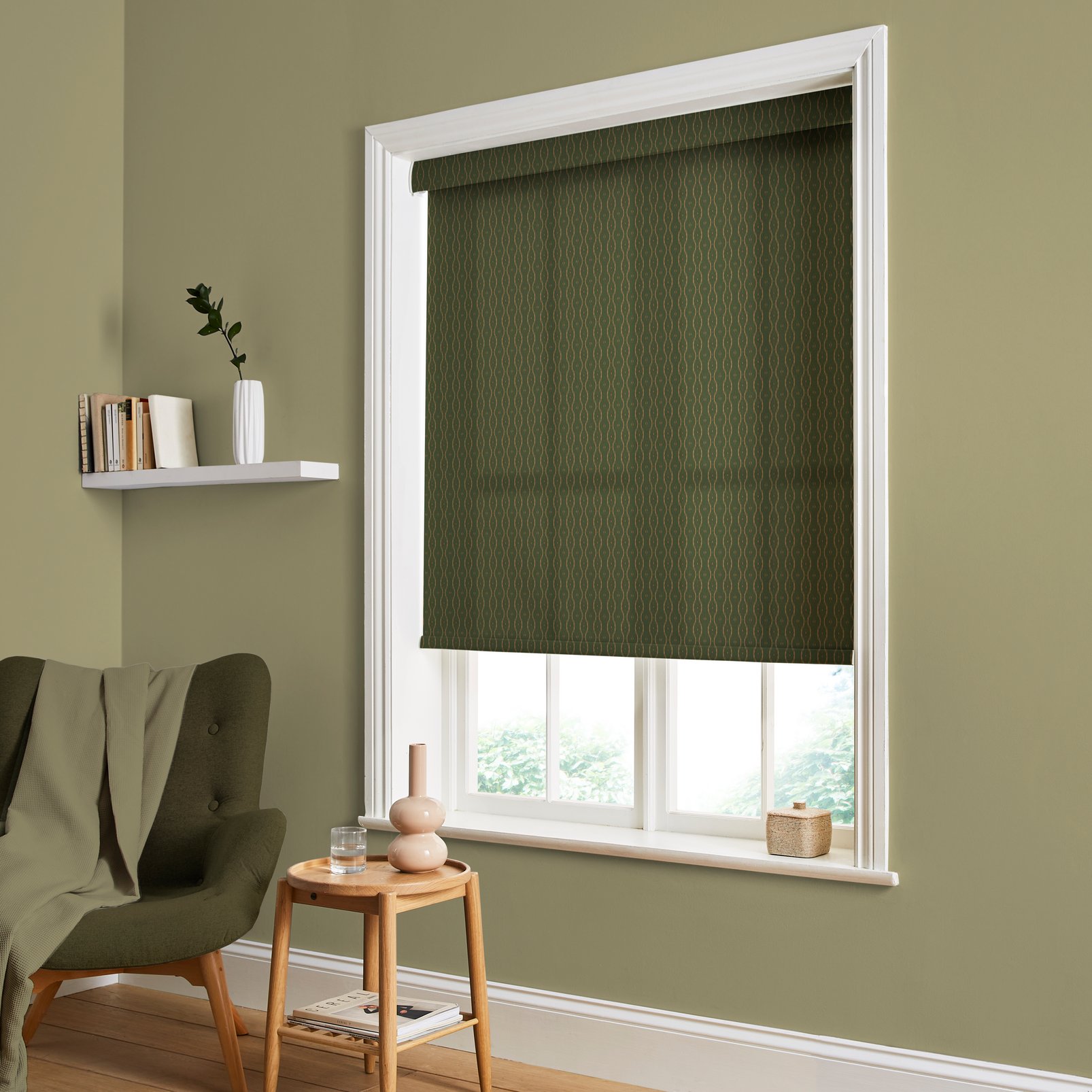 Rustic Ikat Emerald Roller Blind - 124158rol_ROOMSET_RUSTIC IKAT EMERALD LIGHT FILTERING ROLLER BLINDS__01.jpg