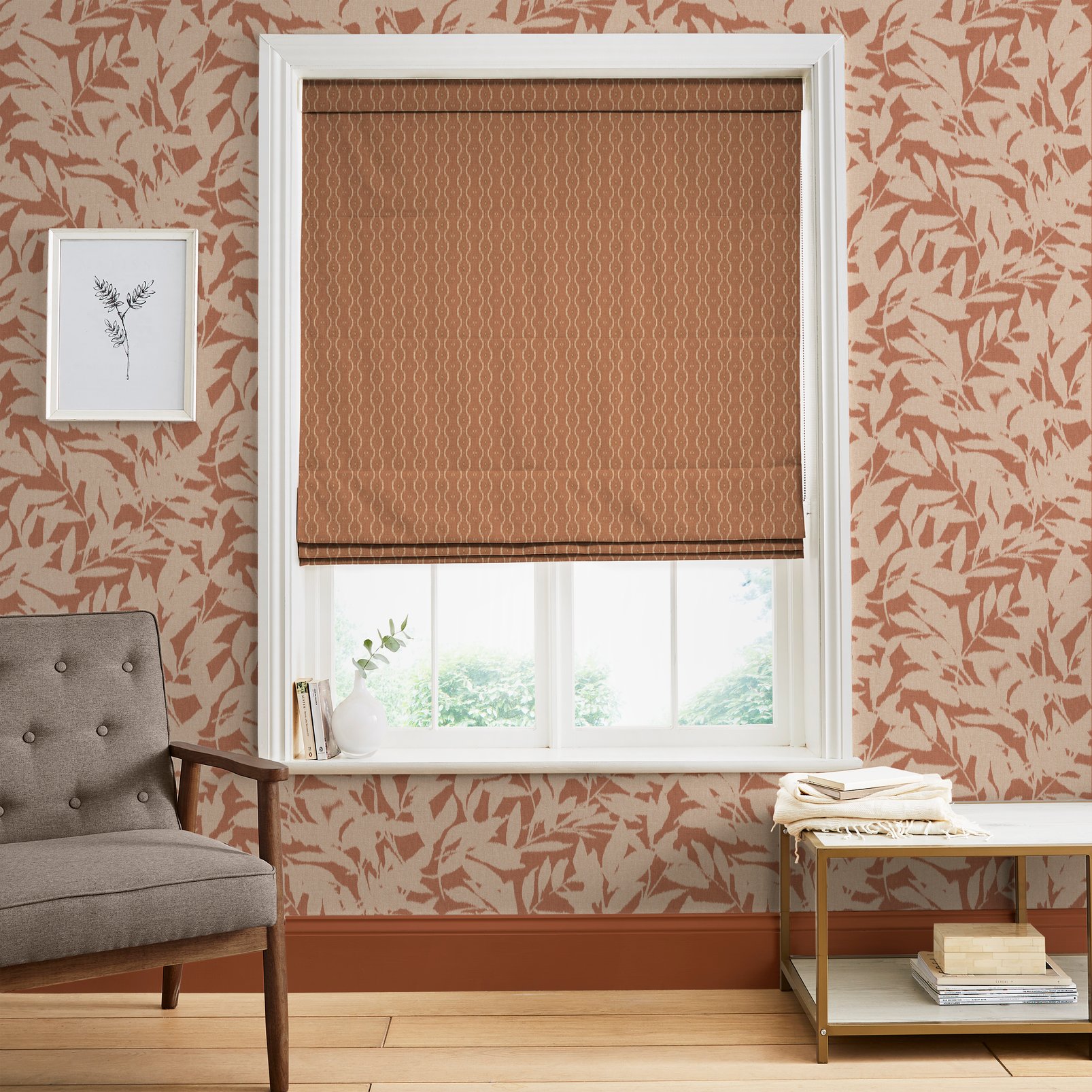Rustic Ikat Clay Roman Blinds in a Roomset