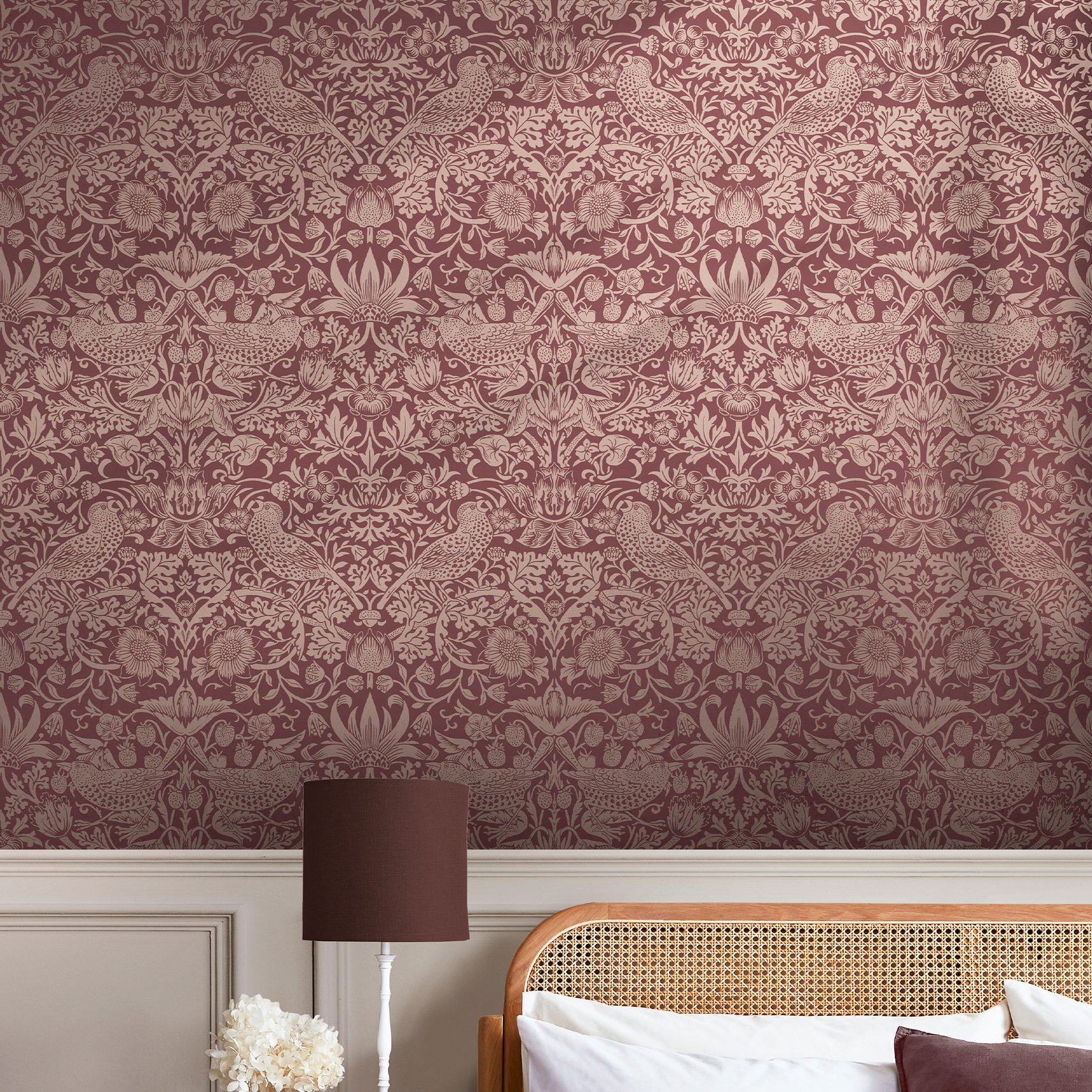 Strawberry Thief Fibrous Burgundy Wallpaper - 124235_ROOMSET_STRAWBERRY THIEF FIBROUS BURGUNDY_01.jpg