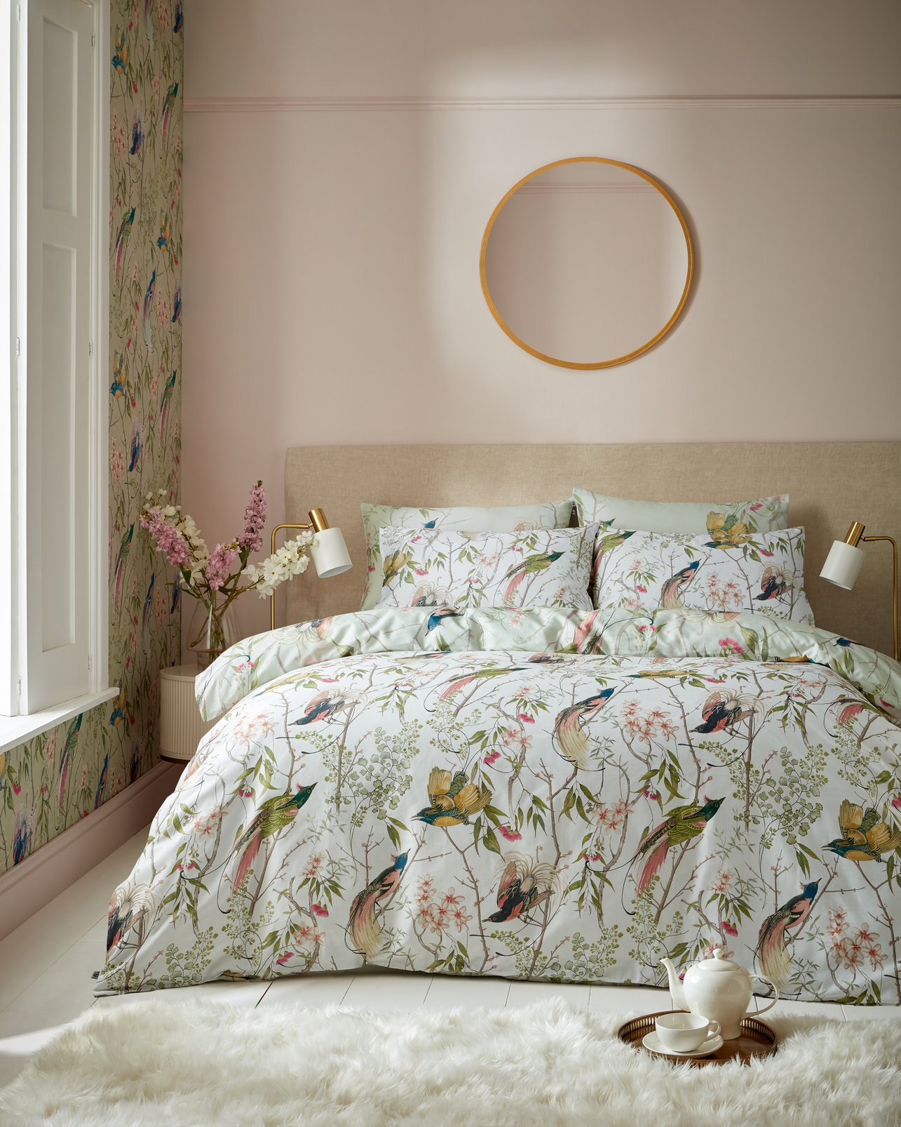 Clavering Birds Sage Green Duvet Cover Set - 124690_ROOMSET_ CLAVERING BIRDS BED LINEN_02.jpg