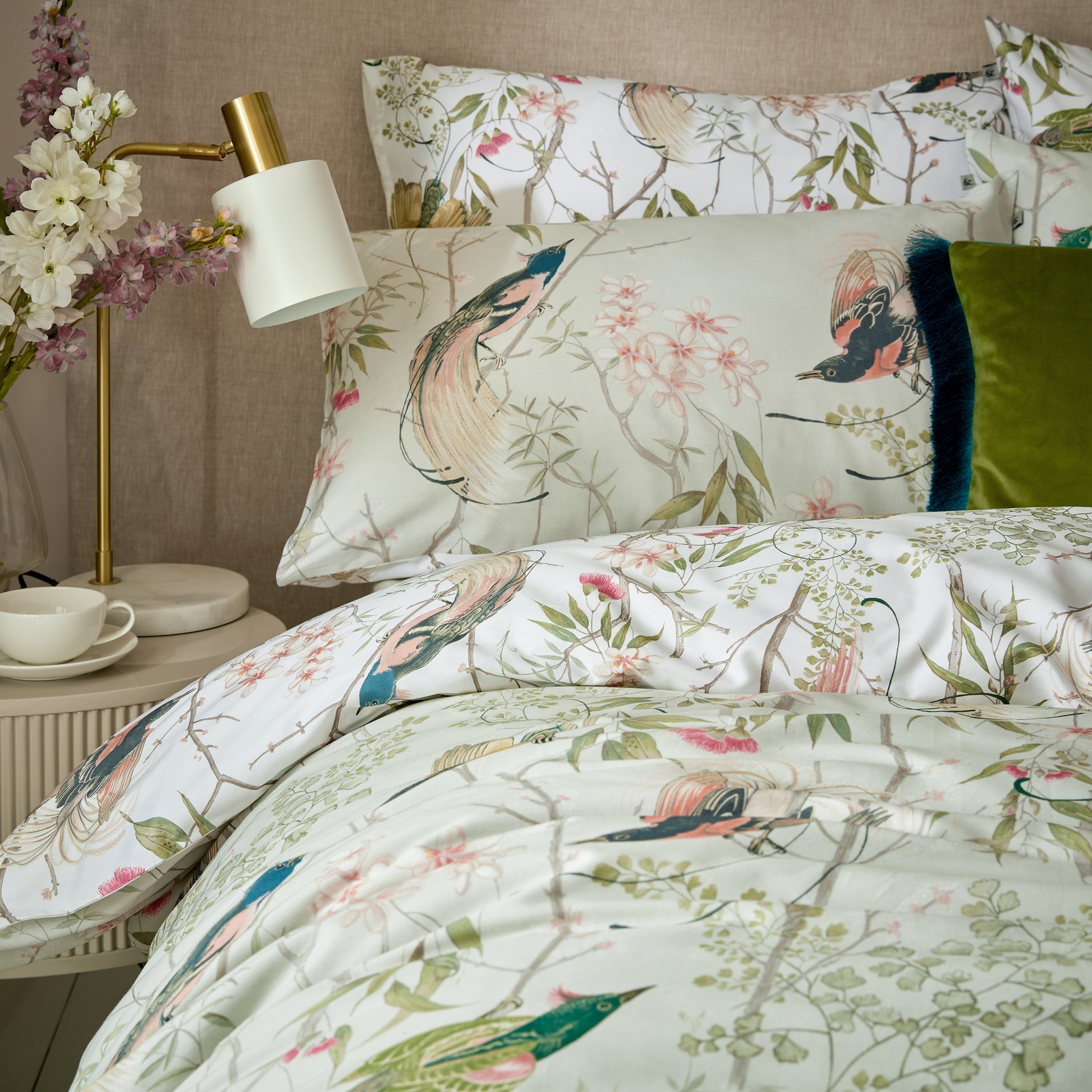Clavering Birds Sage Green Duvet Cover Set close up image
