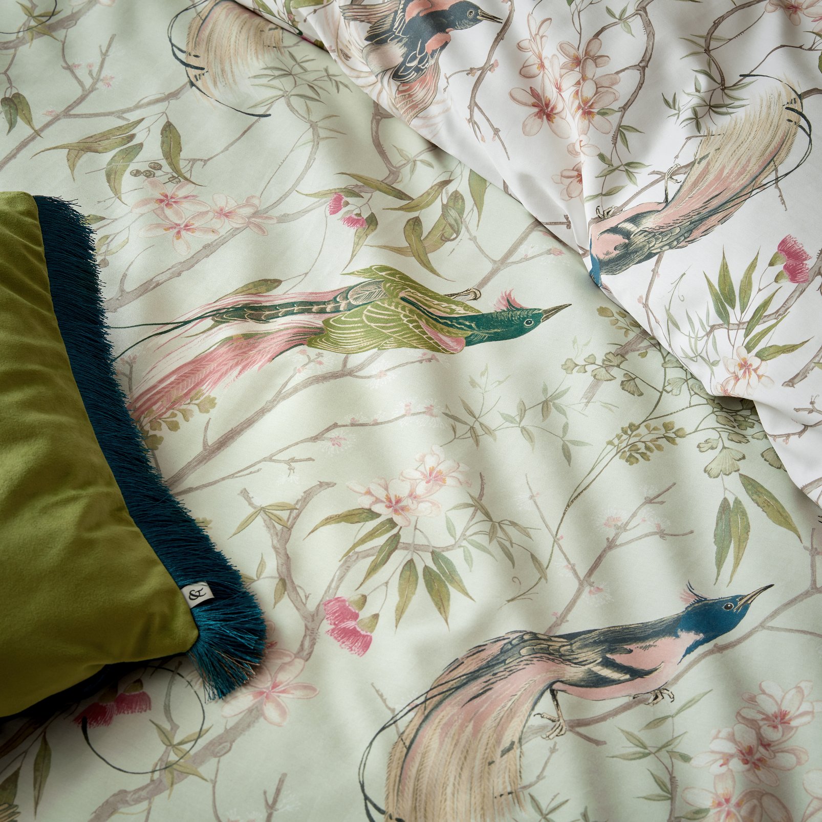 Clavering Birds Sage Green Duvet Cover Set close up image