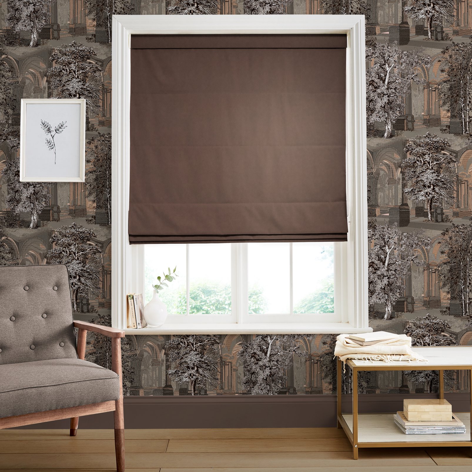 Opulence Cocoa Noir Roman Blind in a Roomset