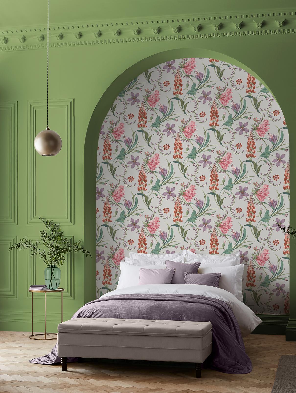 Botanist's Scroll Pink Wallpaper in a Roomset