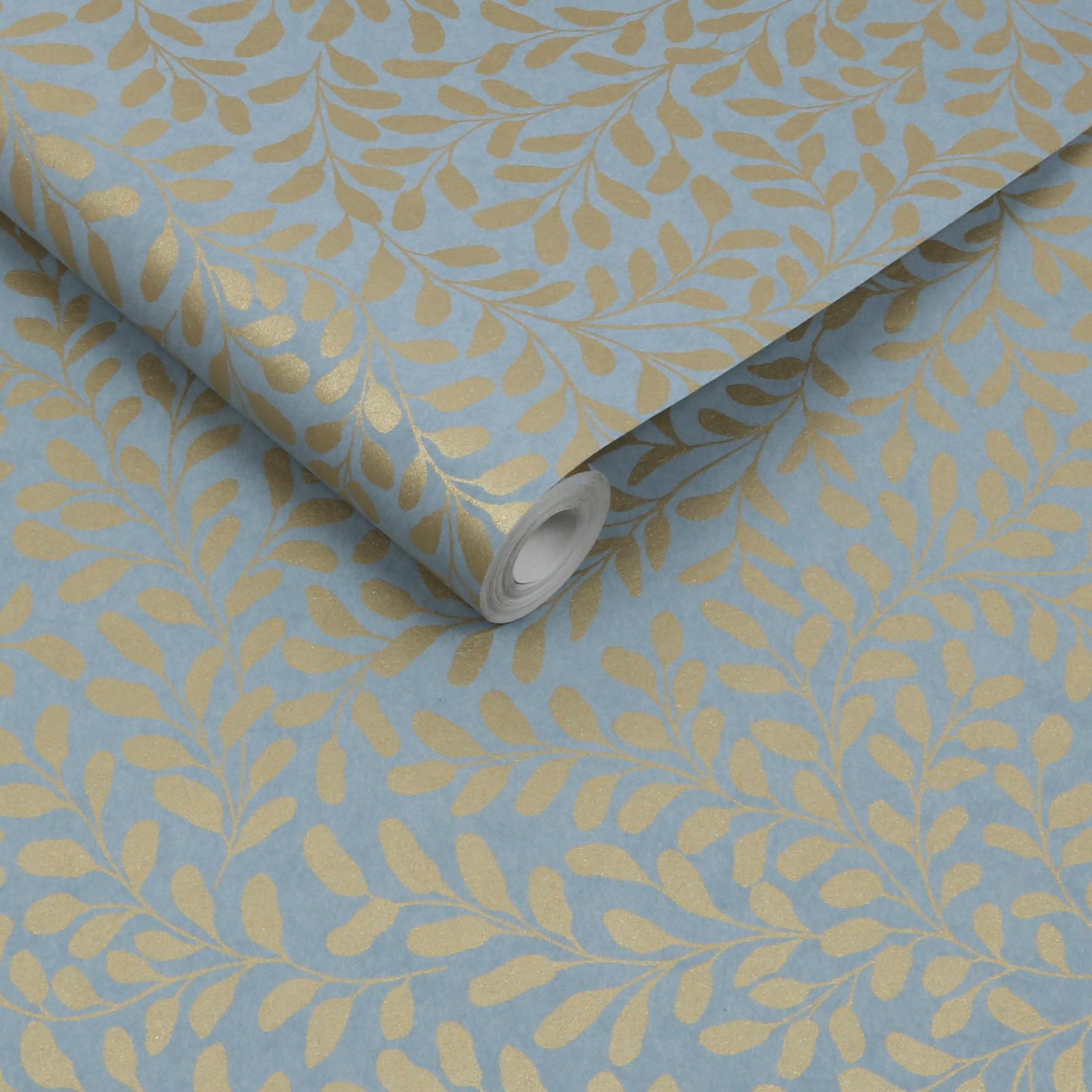 Gilded Leaf Sky Blue & Pale Gold Wallpaper - 130368_ROLLSHOT_01.jpg