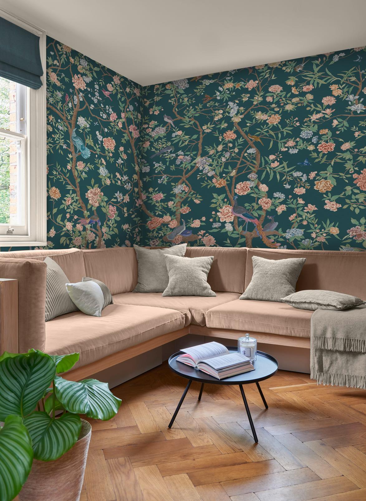 Chinoiserie Teal Mural in a Roomset