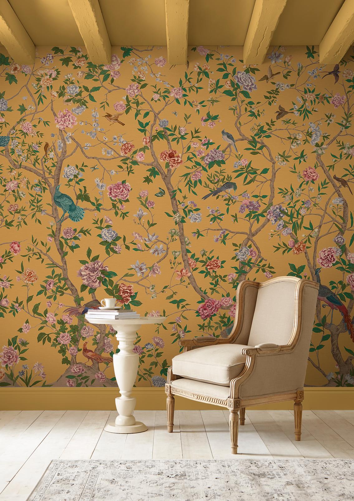 Chinoiserie Ochre Mural in a Roomset