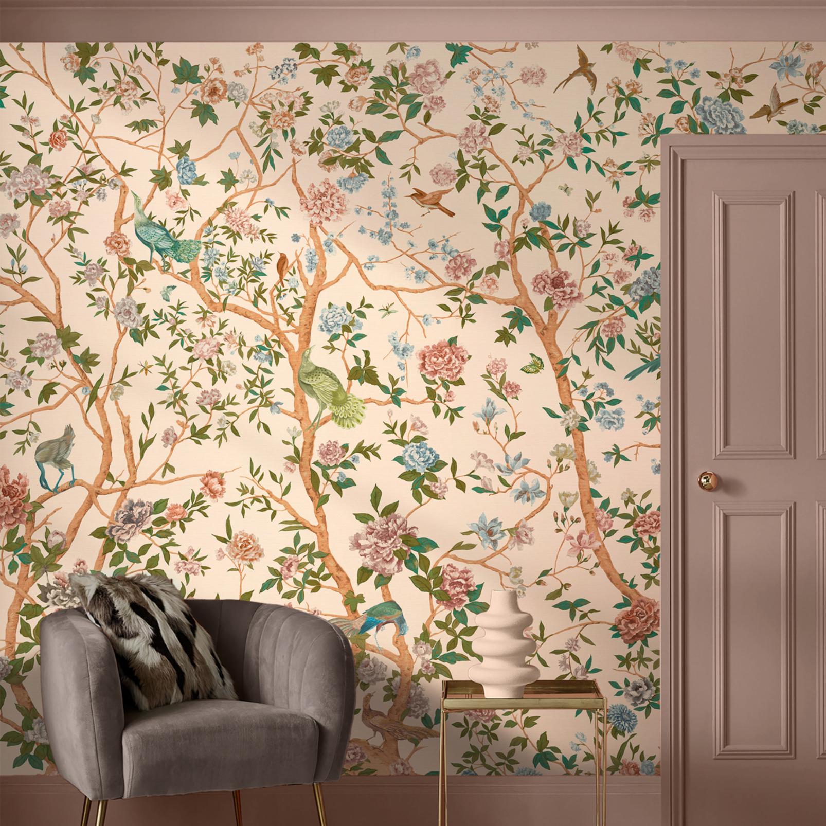 Chinoiserie Neutral Mural in a Roomset