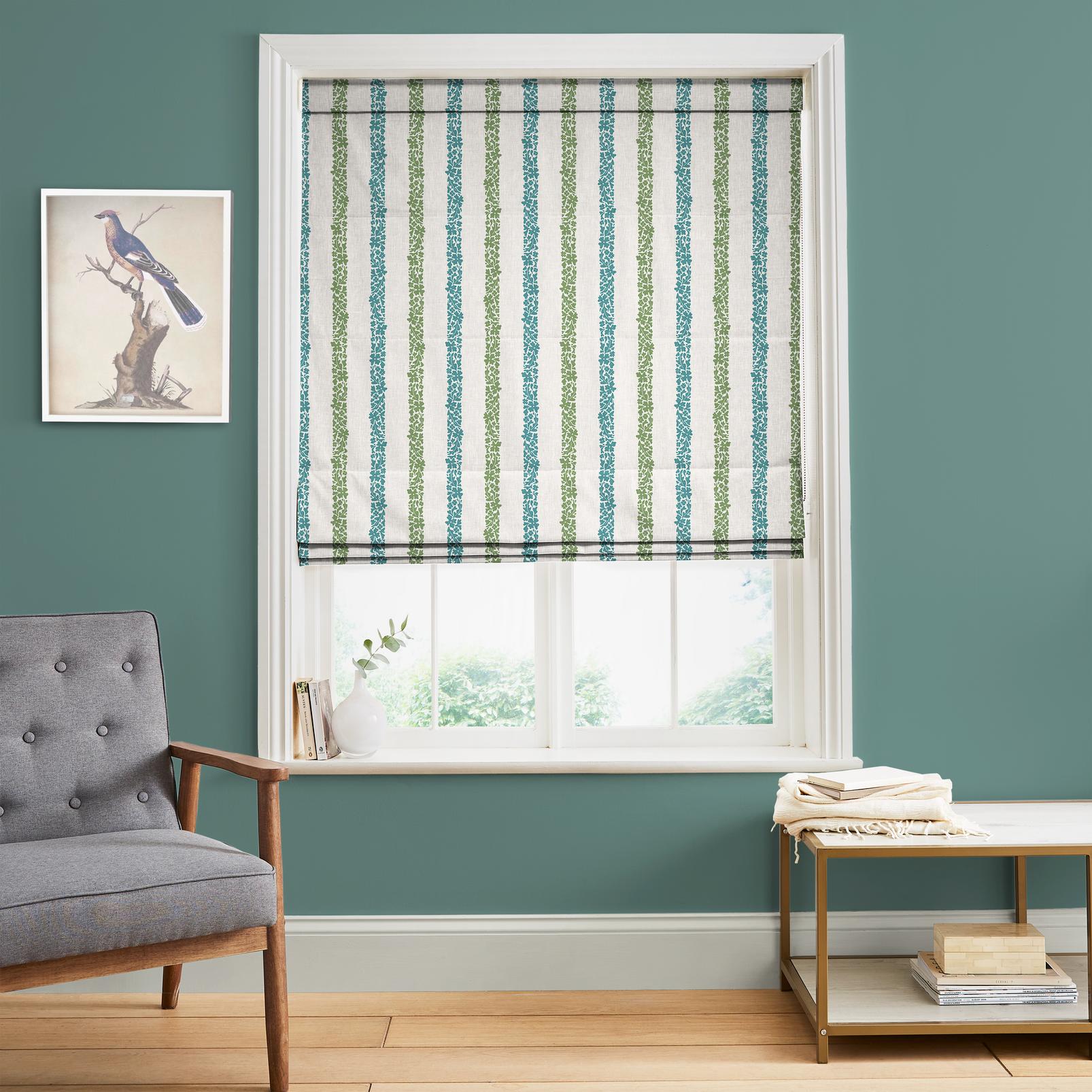 Floral Boheme Stripe Bright Blue and Green Roman Blind in a Roomset