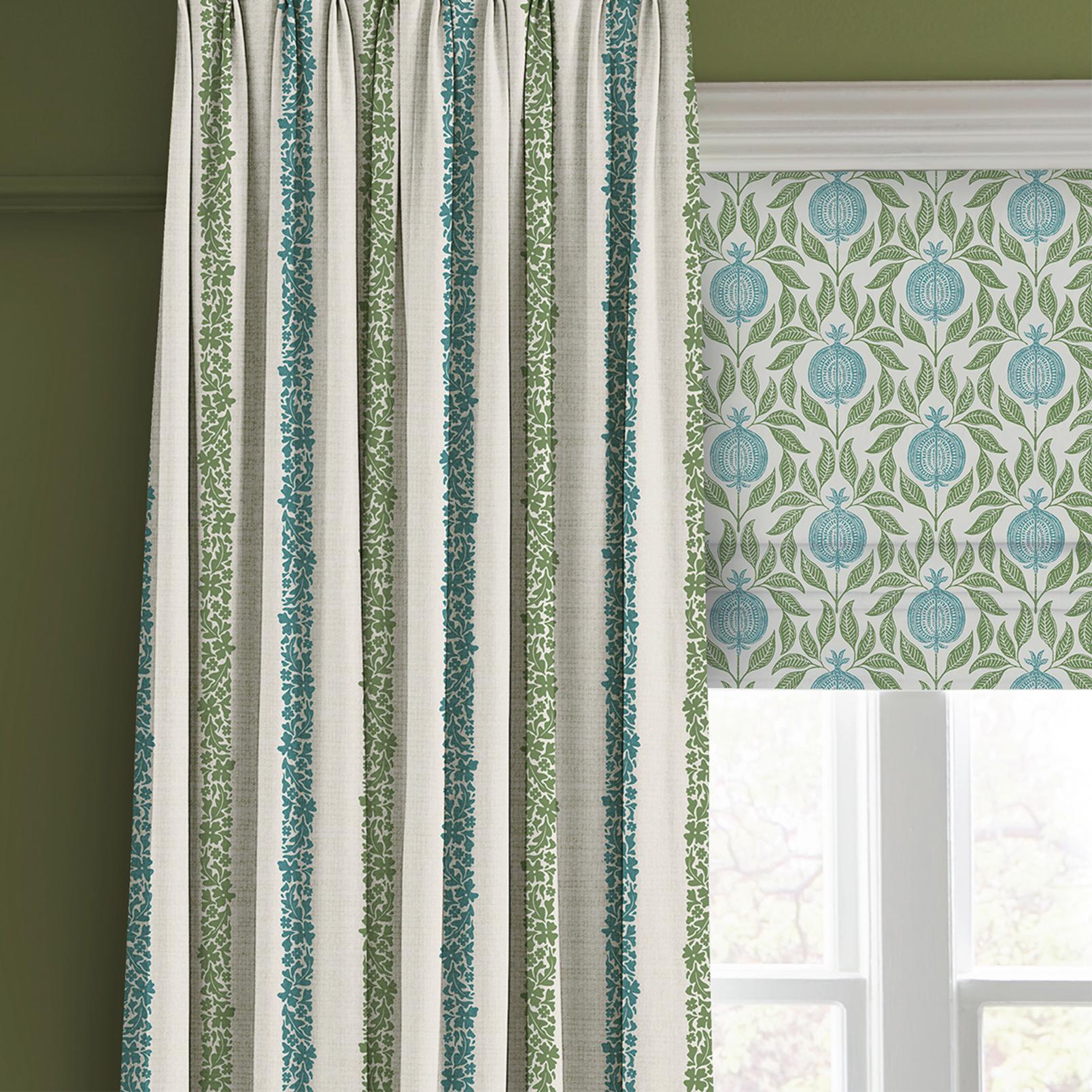 Floral Boheme Stripe Bright Blue and Green Curtain close up image
