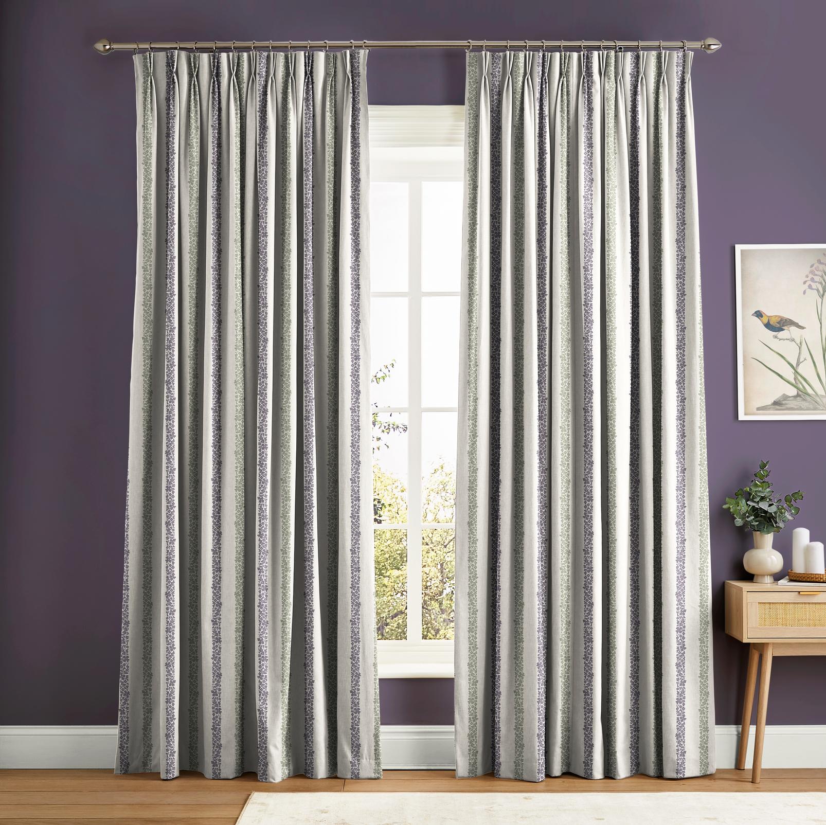 Floral Boheme Stripe Purple and Green Curtain in a Roomset