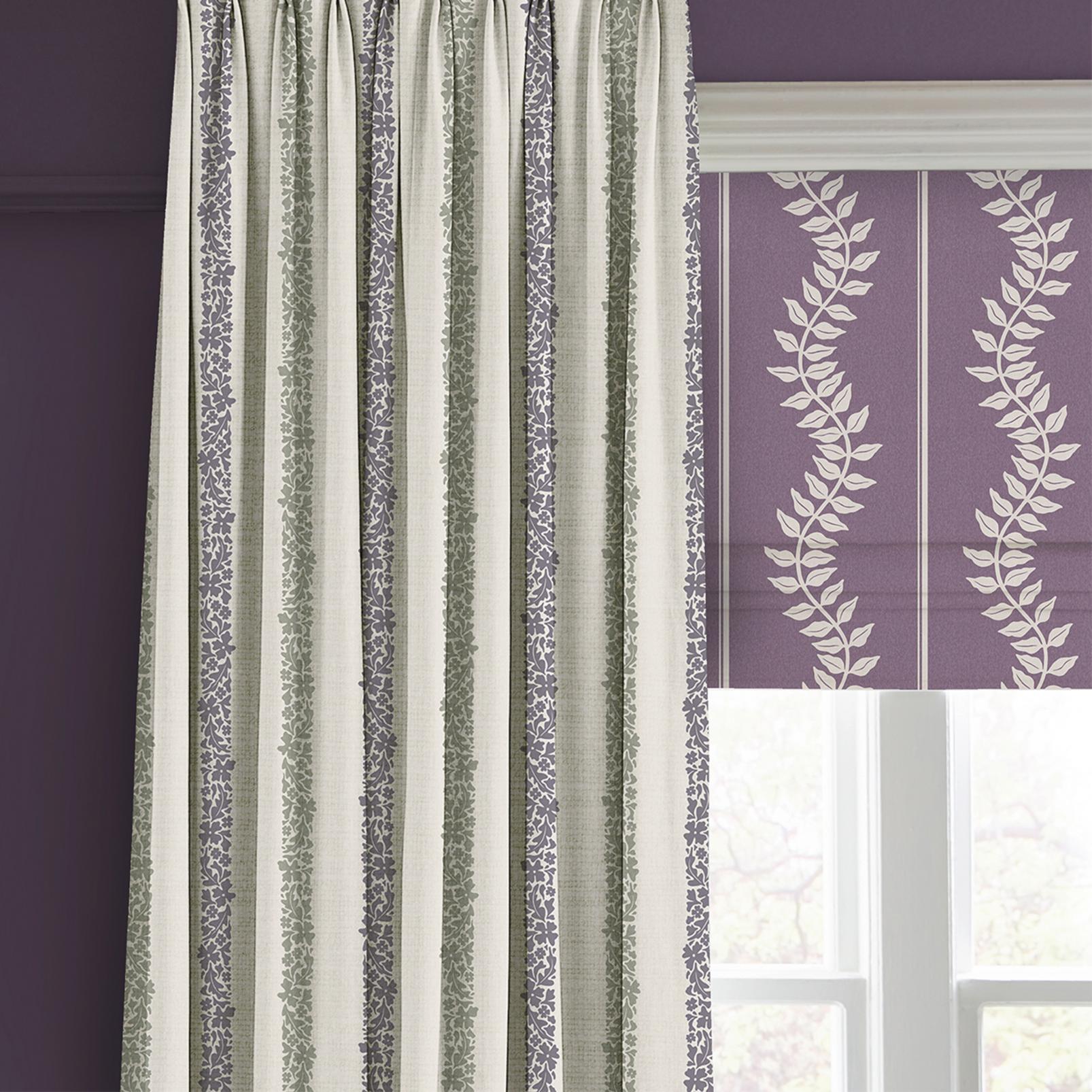 Floral Boheme Stripe Purple and Green Curtain close up image