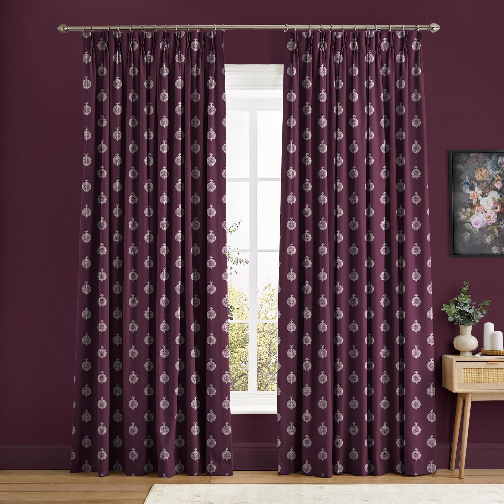 Pomegranate Motif Epoch Purple Curtain in a Roomset