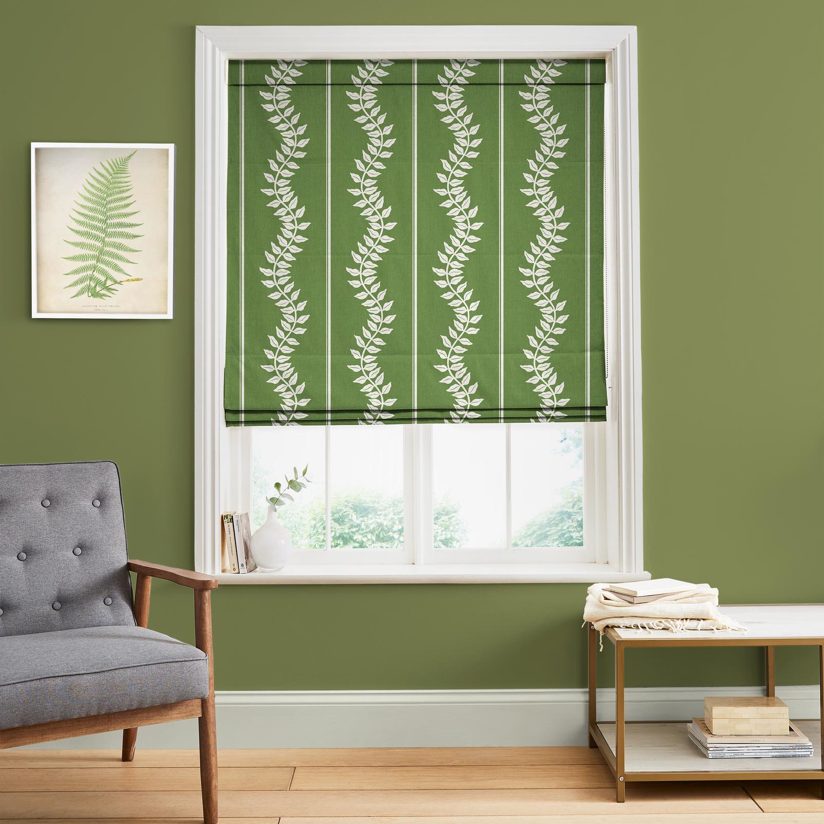 Laurel Leaf Stripe Apple Green Roman Blind in a Roomset