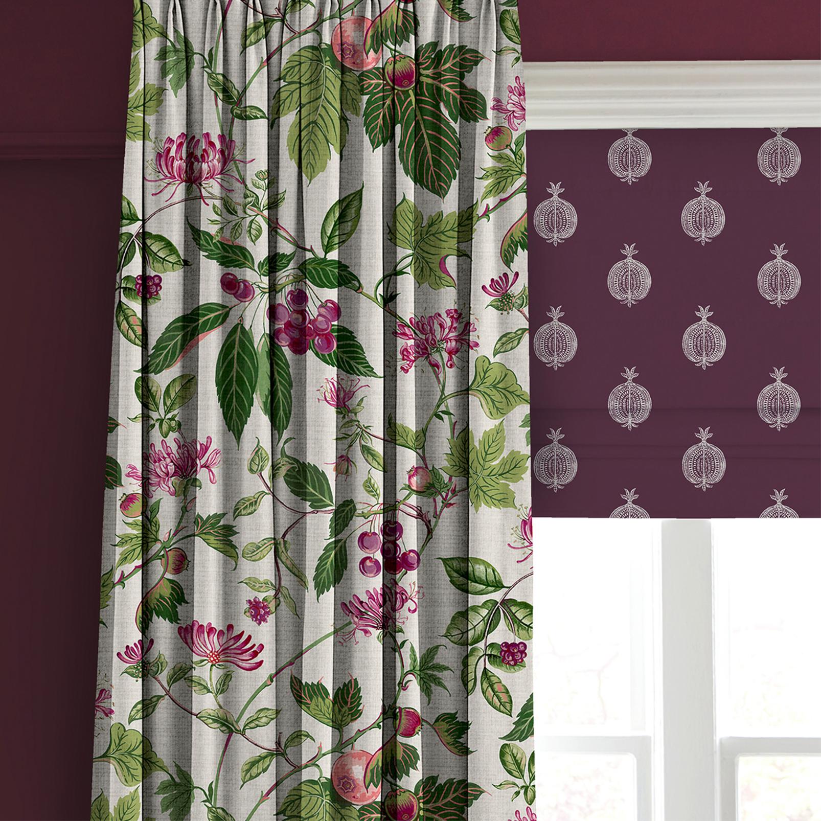 Pomegranate Motif Epoch Purple Roman Blind close up image