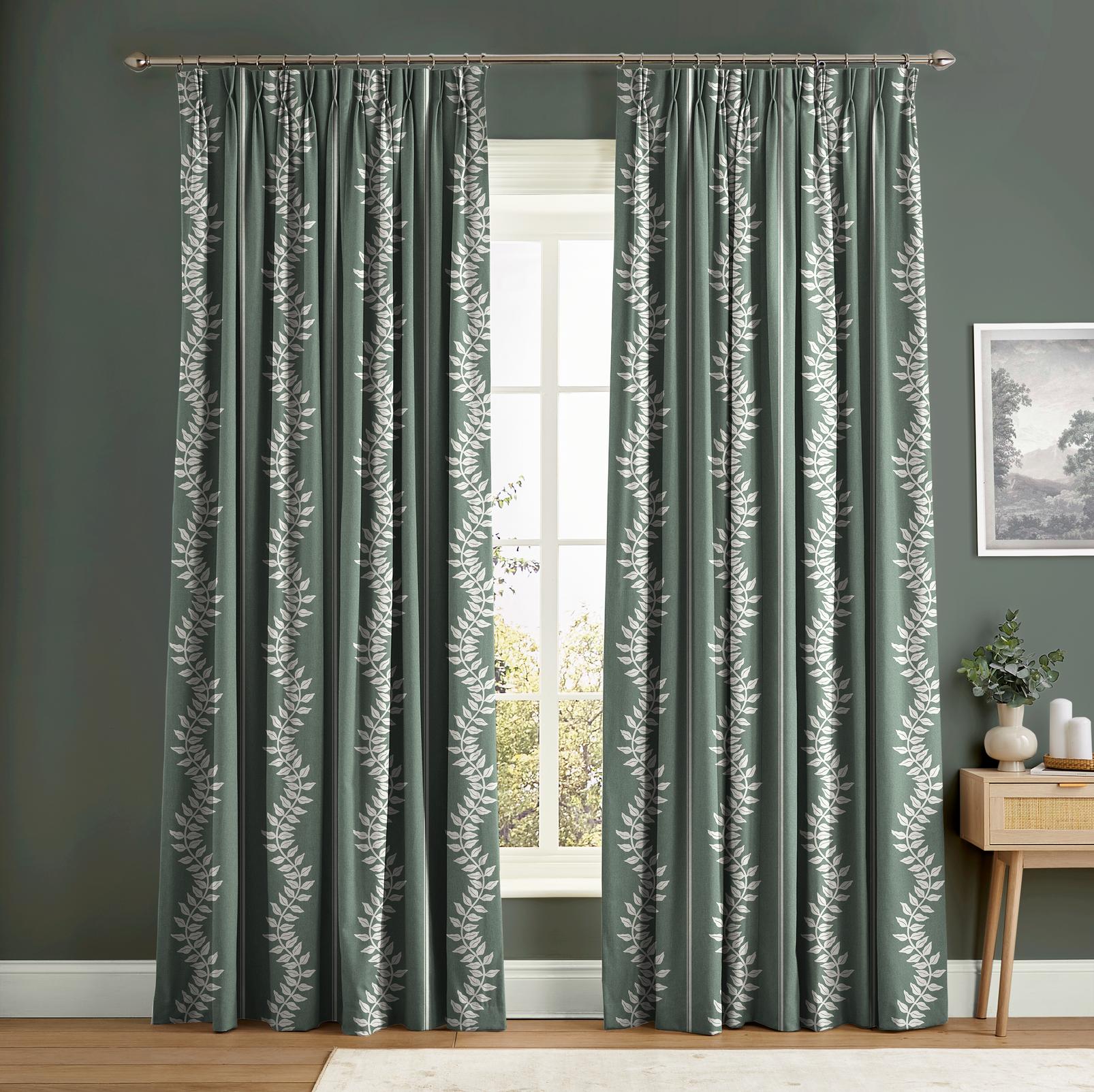 Laurel Leaf Stripe Grey Green Curtain - 131593cur_ROOMSET_01.jpg