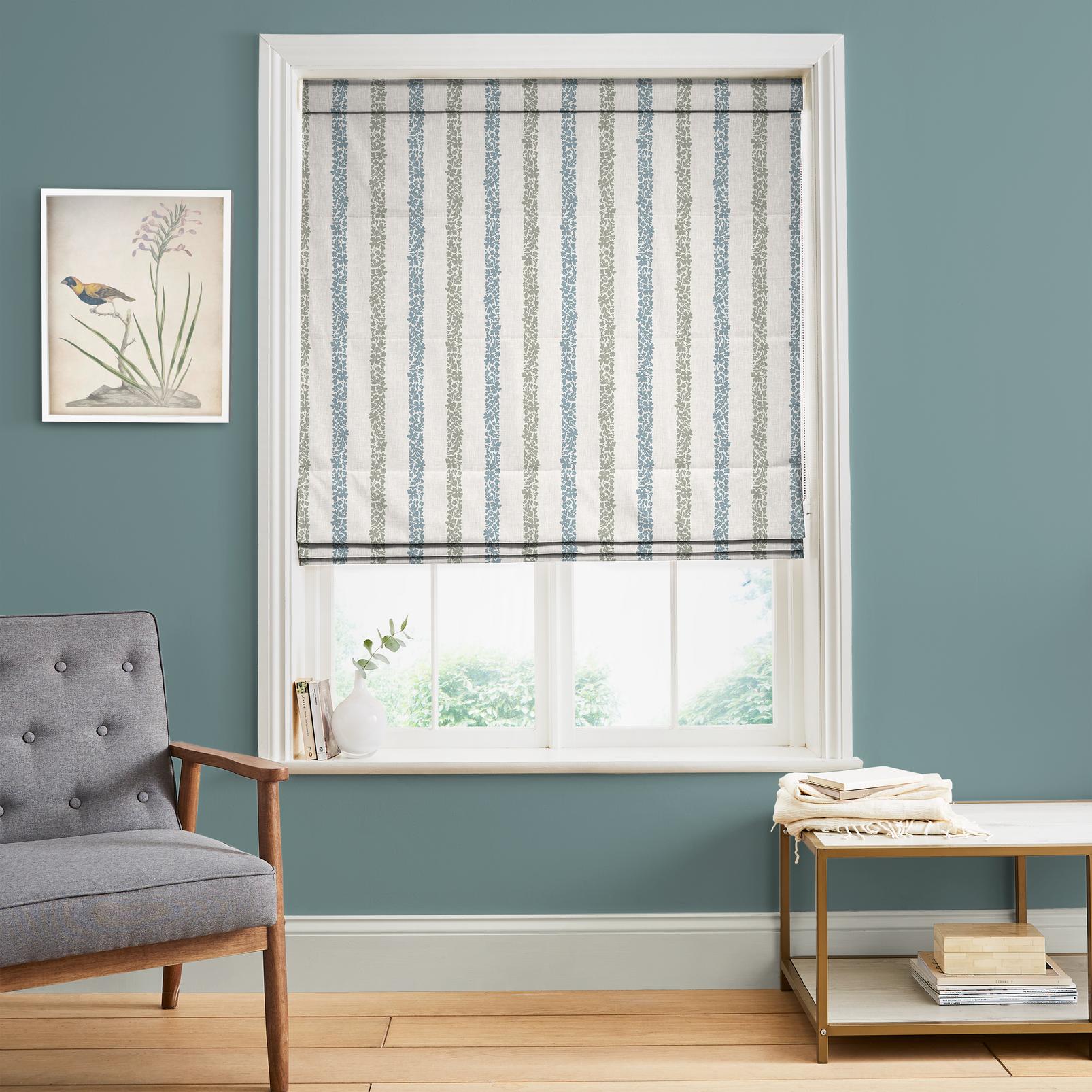 Floral Boheme Stripe Blue and Green Roman Blind in a Roomset