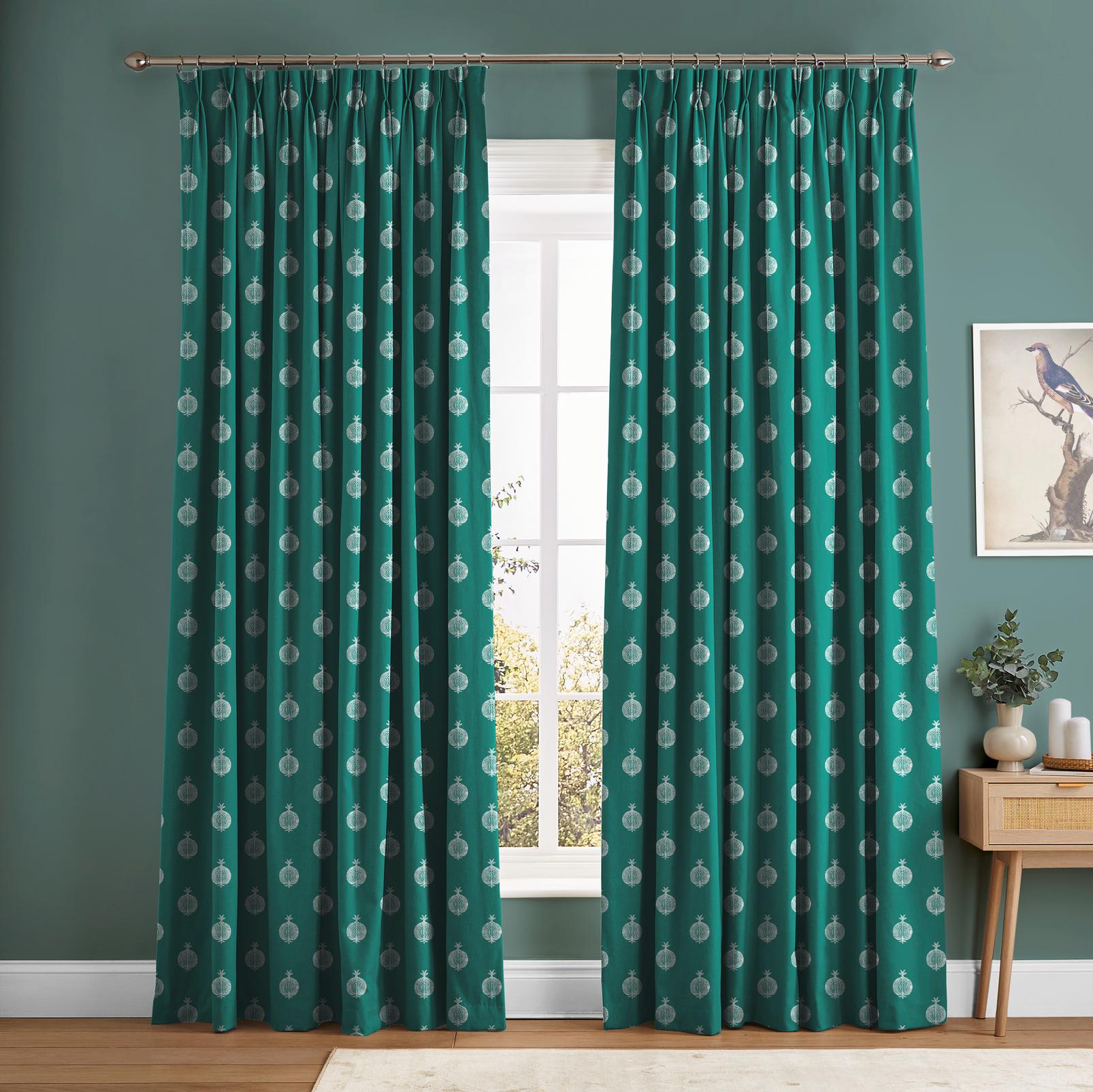 Pomegranate Motif Teal Curtain in a Roomset
