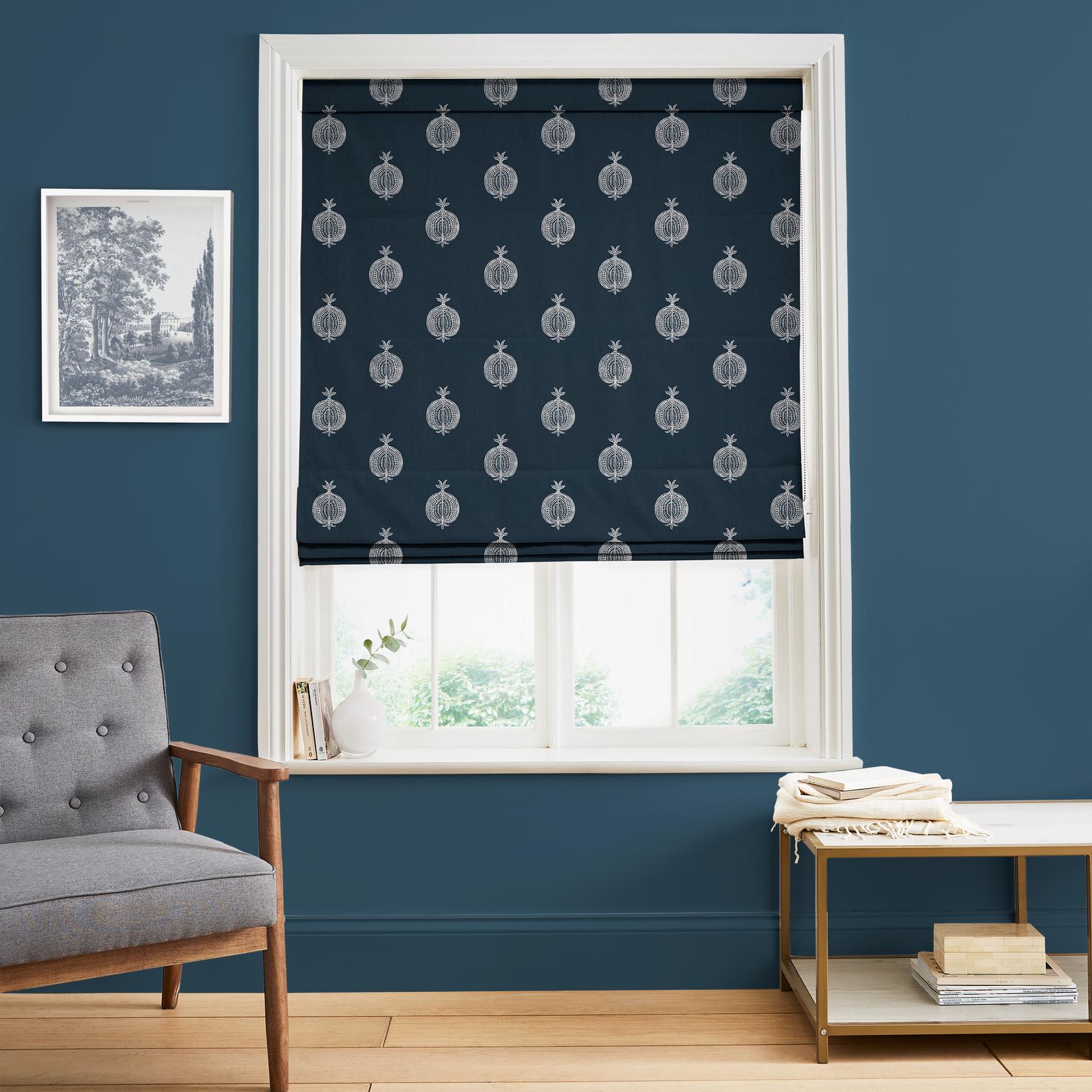 Pomegranate Motif Navy Roman Blind in a Roomset