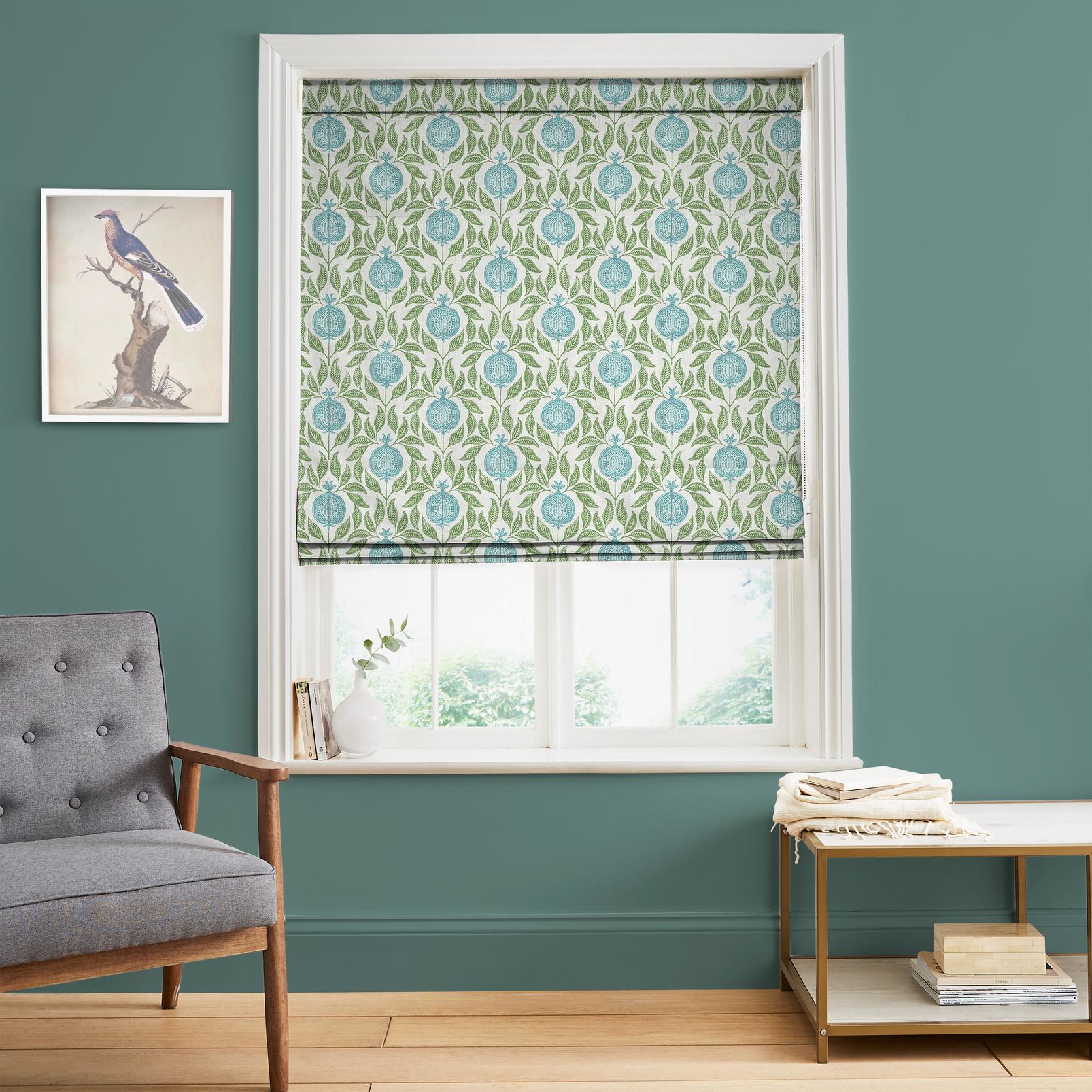 Apple of Grenada Sky Blue and Green Roman Blind in a Roomset