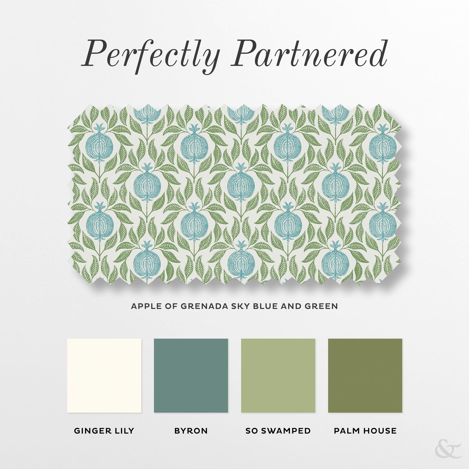 Apple of Grenada Sky Blue and Green Roman Blind perfectly partnered products