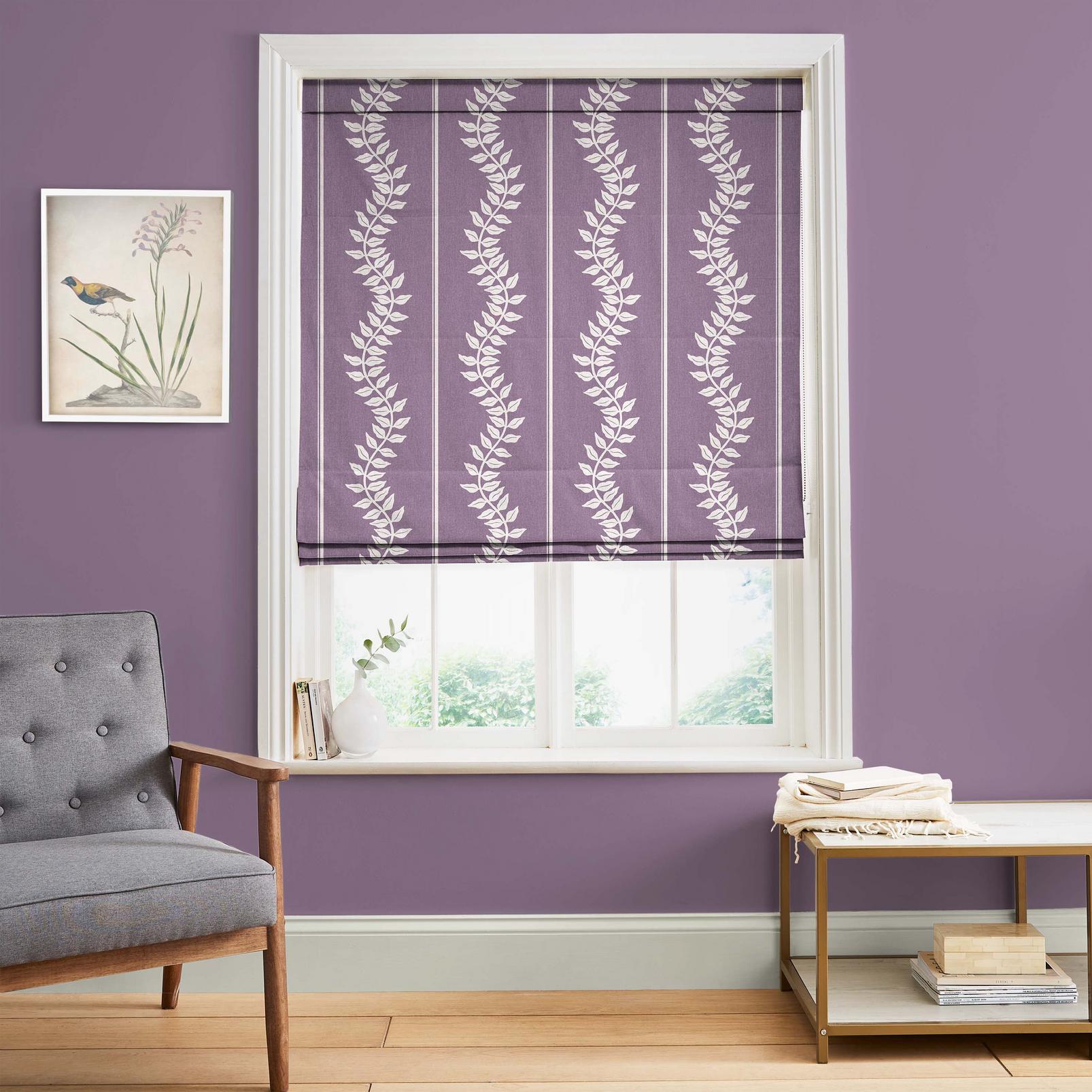 Laurel Leaf Stripe Purple Roman Blind in a Roomset