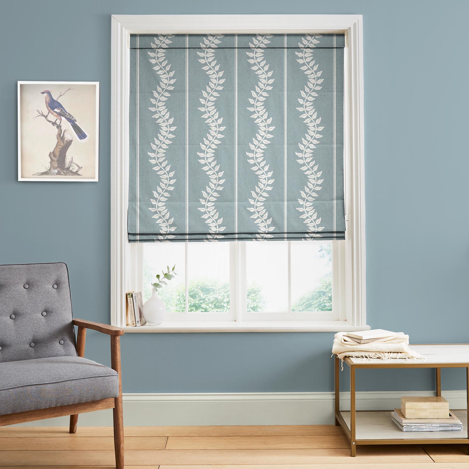 Laurel Leaf Stripe Blue Roman Blind in a Roomset