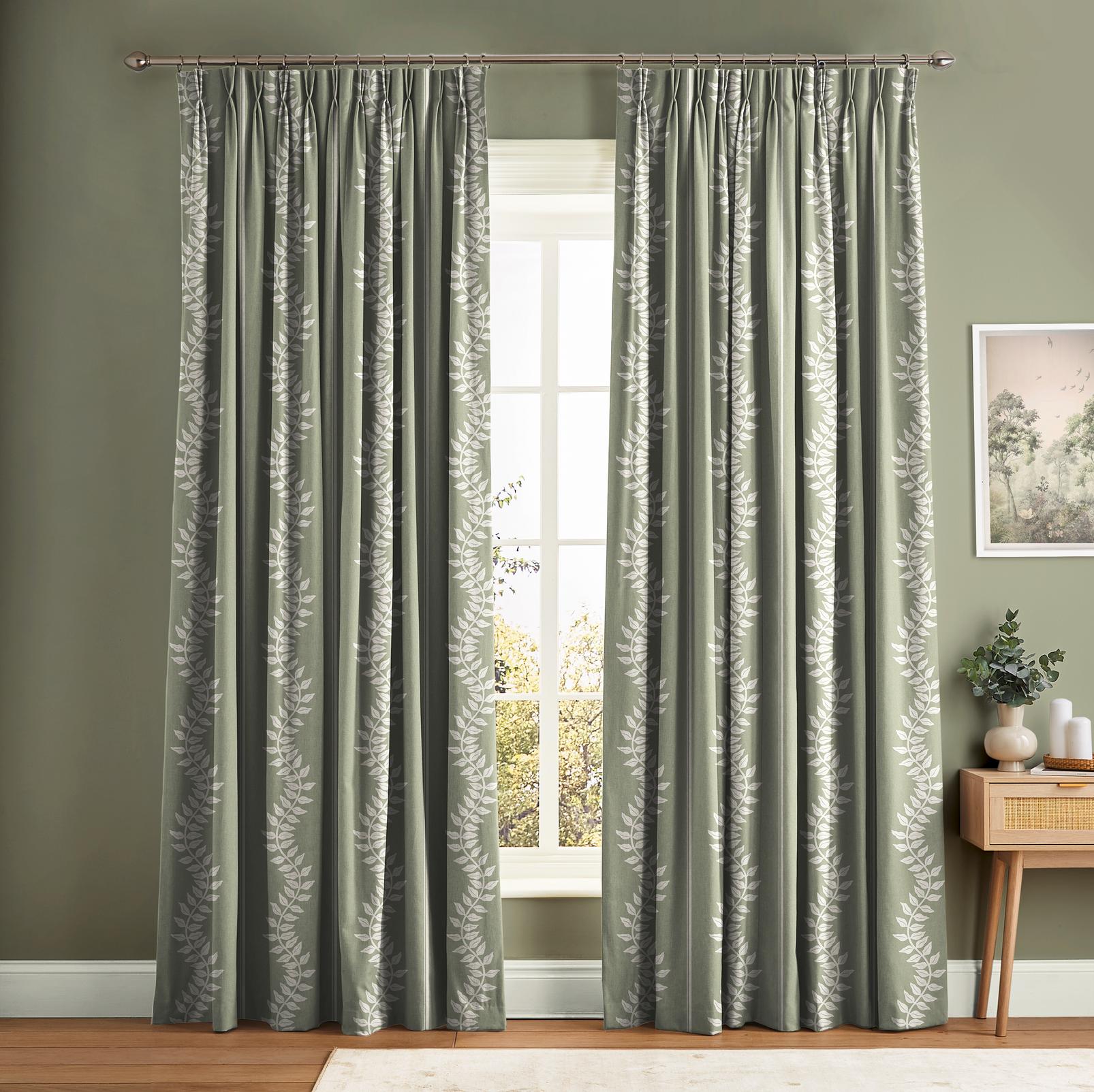 Laurel Leaf Stripe Sage Curtain in a Roomset