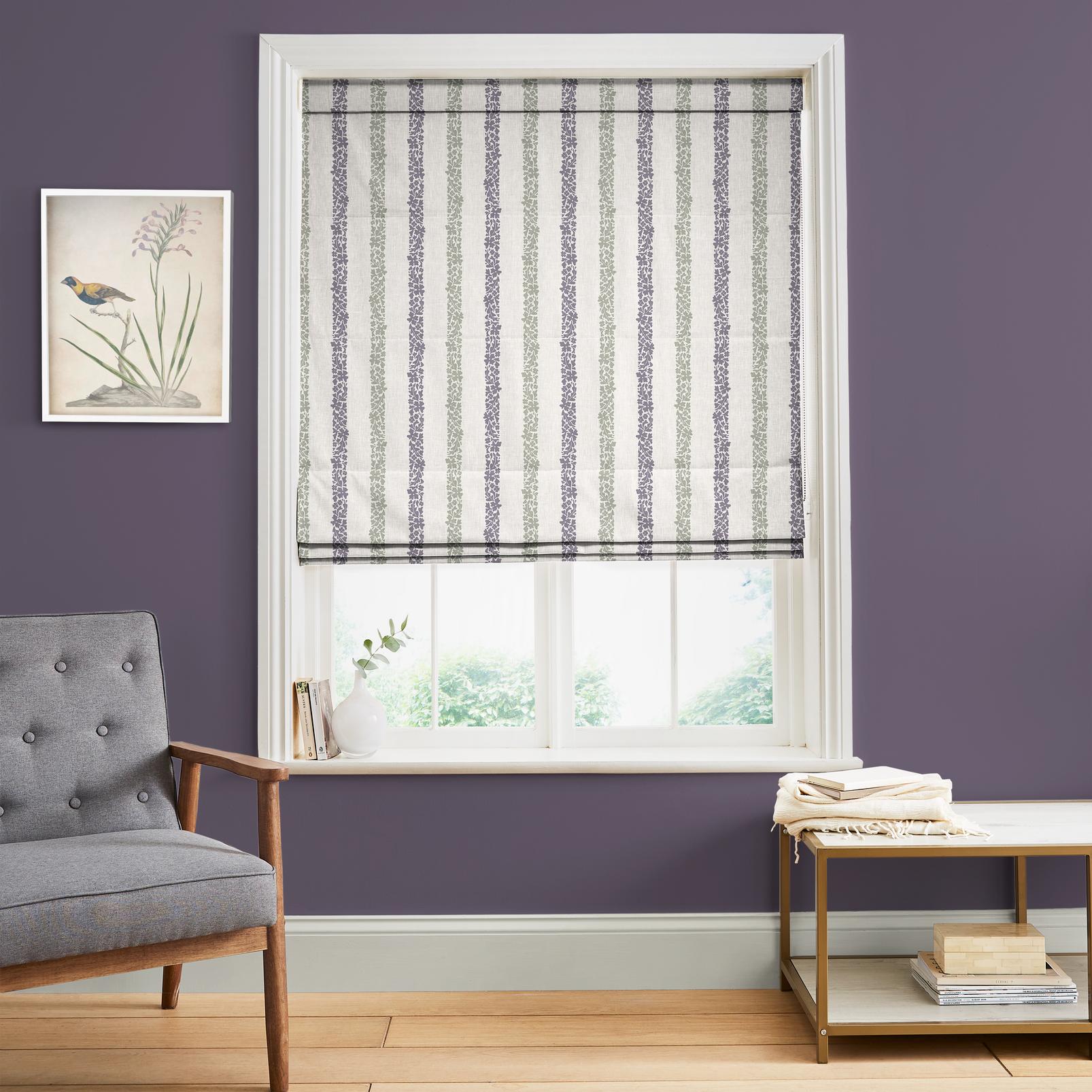 Floral Boheme Stripe Purple and Green Roman Blind in a Roomset