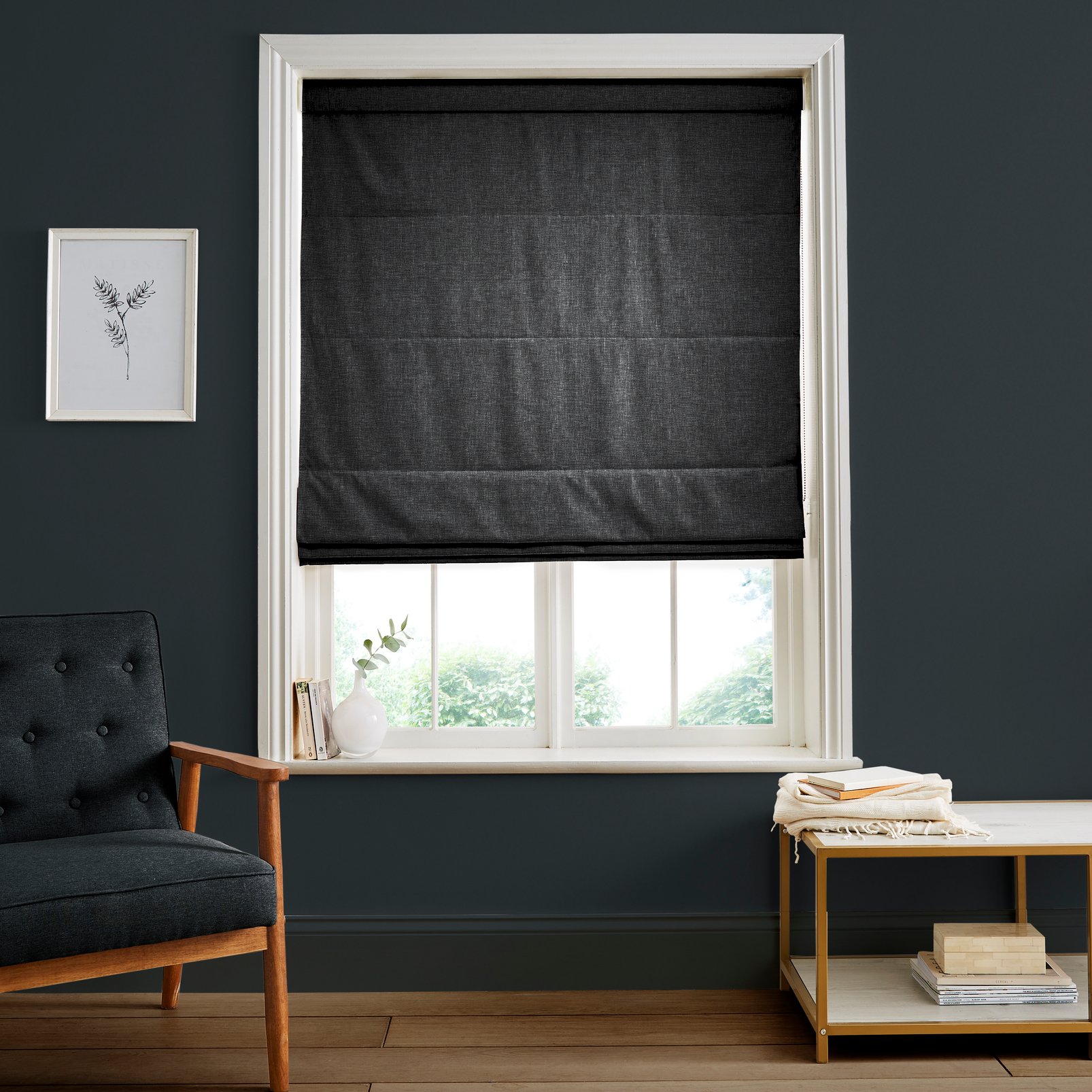 Ethereal Black Roman Blind in a Roomset