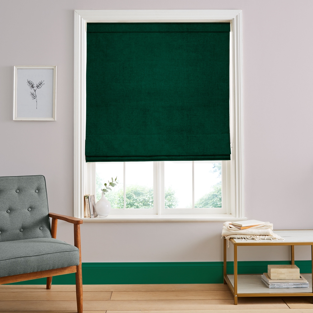 Serenity Bottle Green Roman Blind in a Roomset