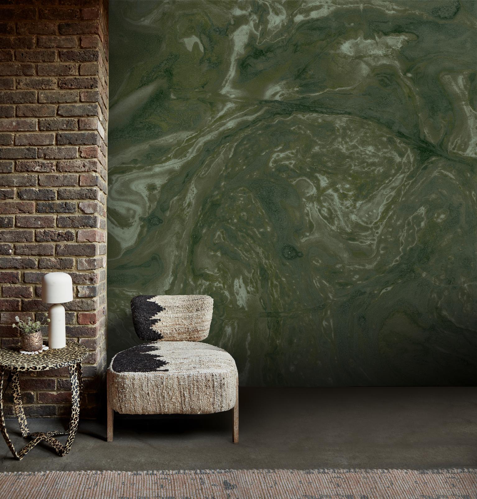 Abigail Ahern Ethereal Marble Moss Bespoke Mural in a Roomset
