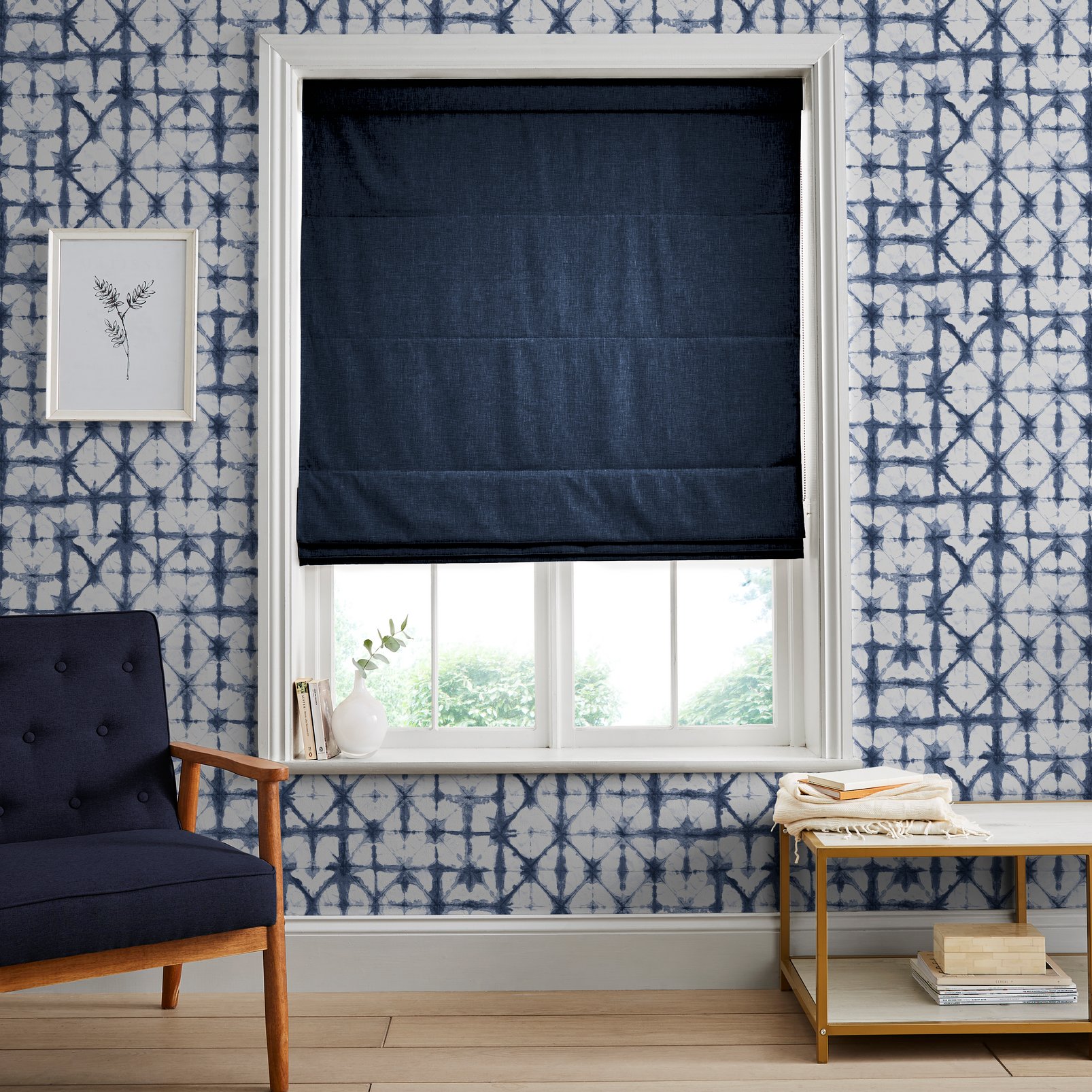 Ethereal Navy Roman Blind in a Roomset