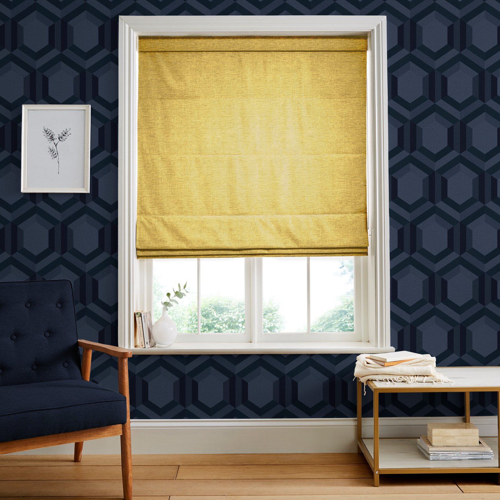 Ethereal Warm Gold Roman Blind in a Roomset