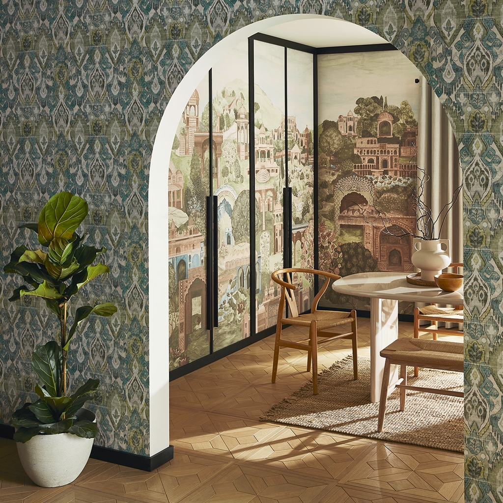 The Lost City Soft Green Bespoke Mural in a Roomset