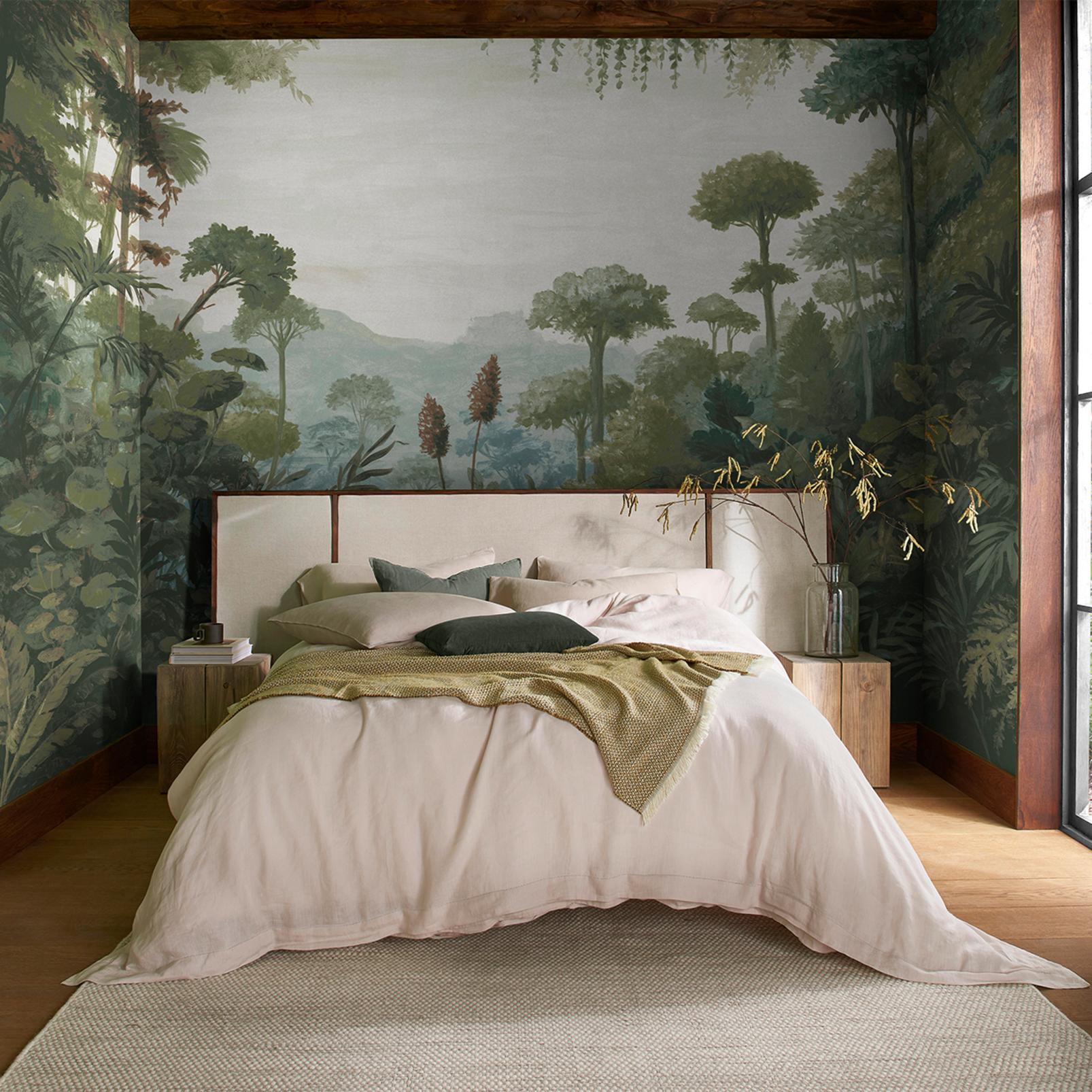 Jungle Vista Soft Green Bespoke Mural in a Roomset