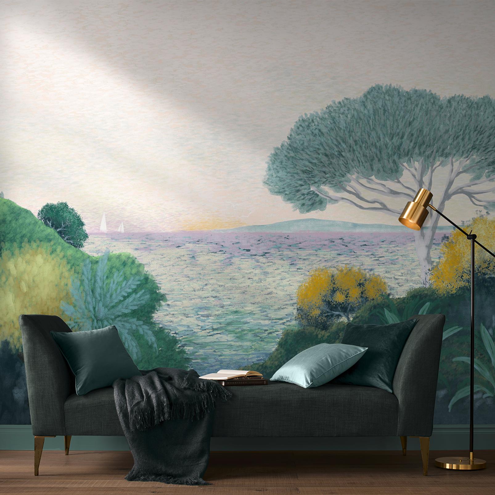 Coastal Horizon Green Bespoke Mural in a Roomset