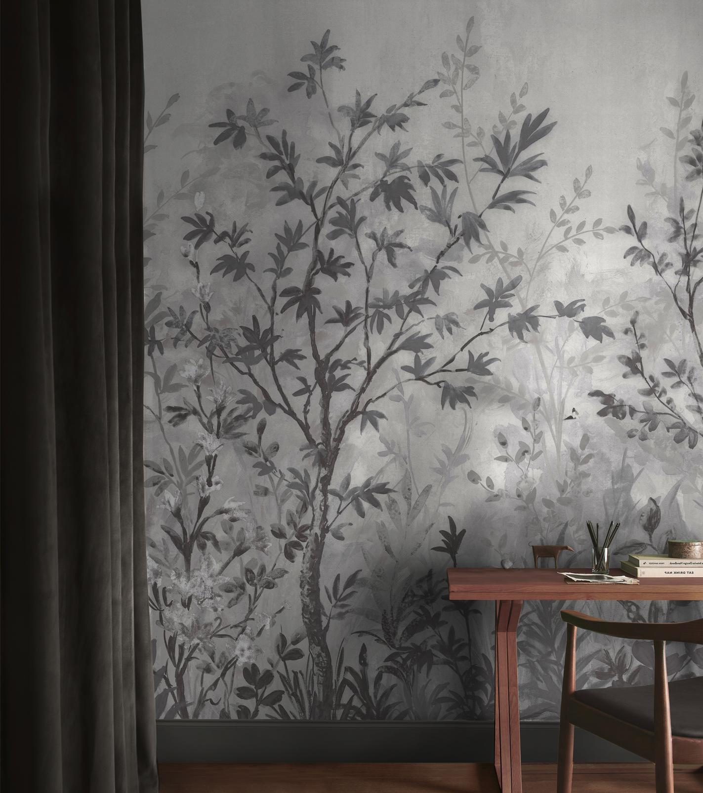 Forest in Bloom Monochrome Bespoke Mural in a Roomset