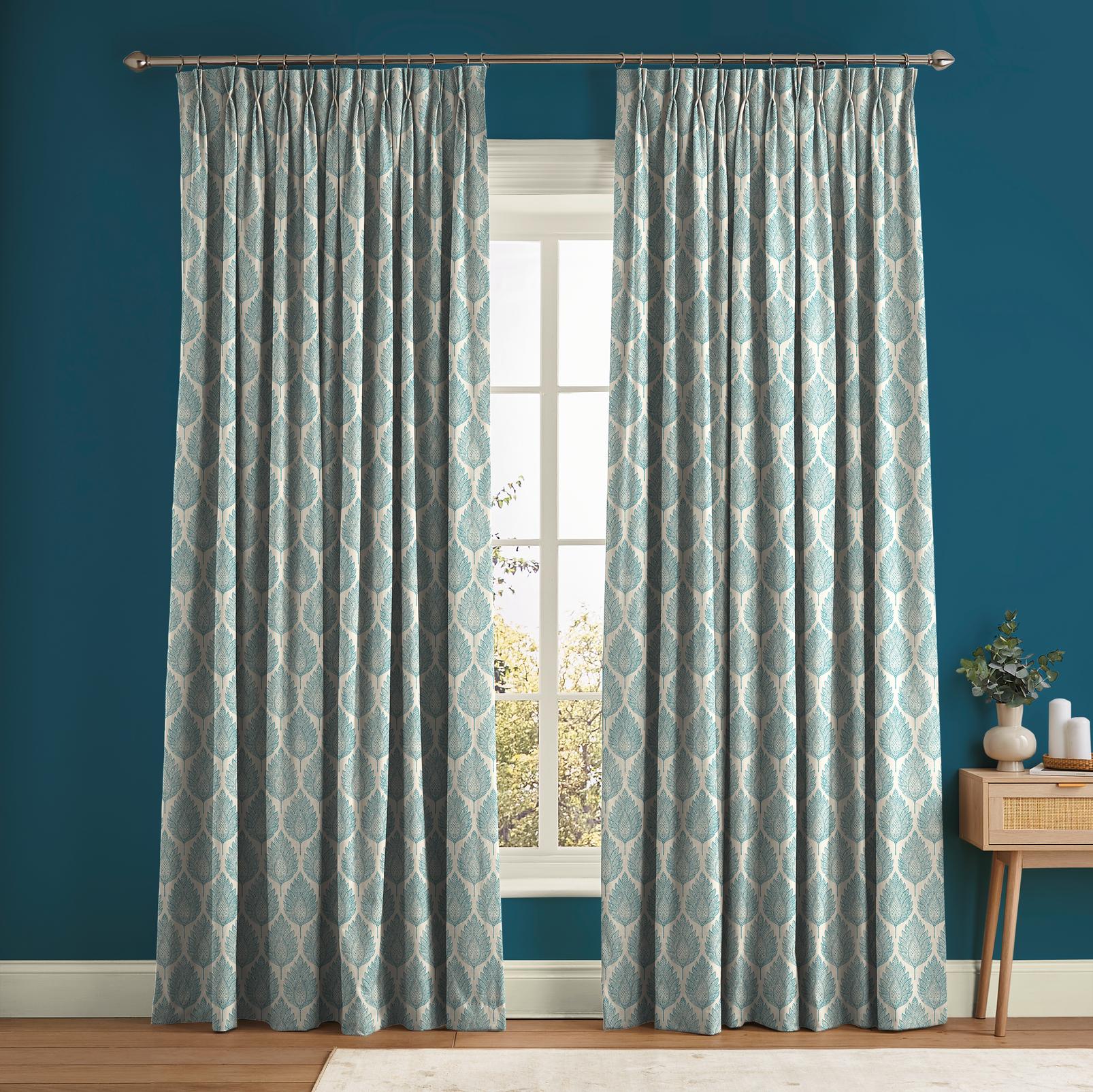 Flame Leaf Teal Curtain in a Roomset