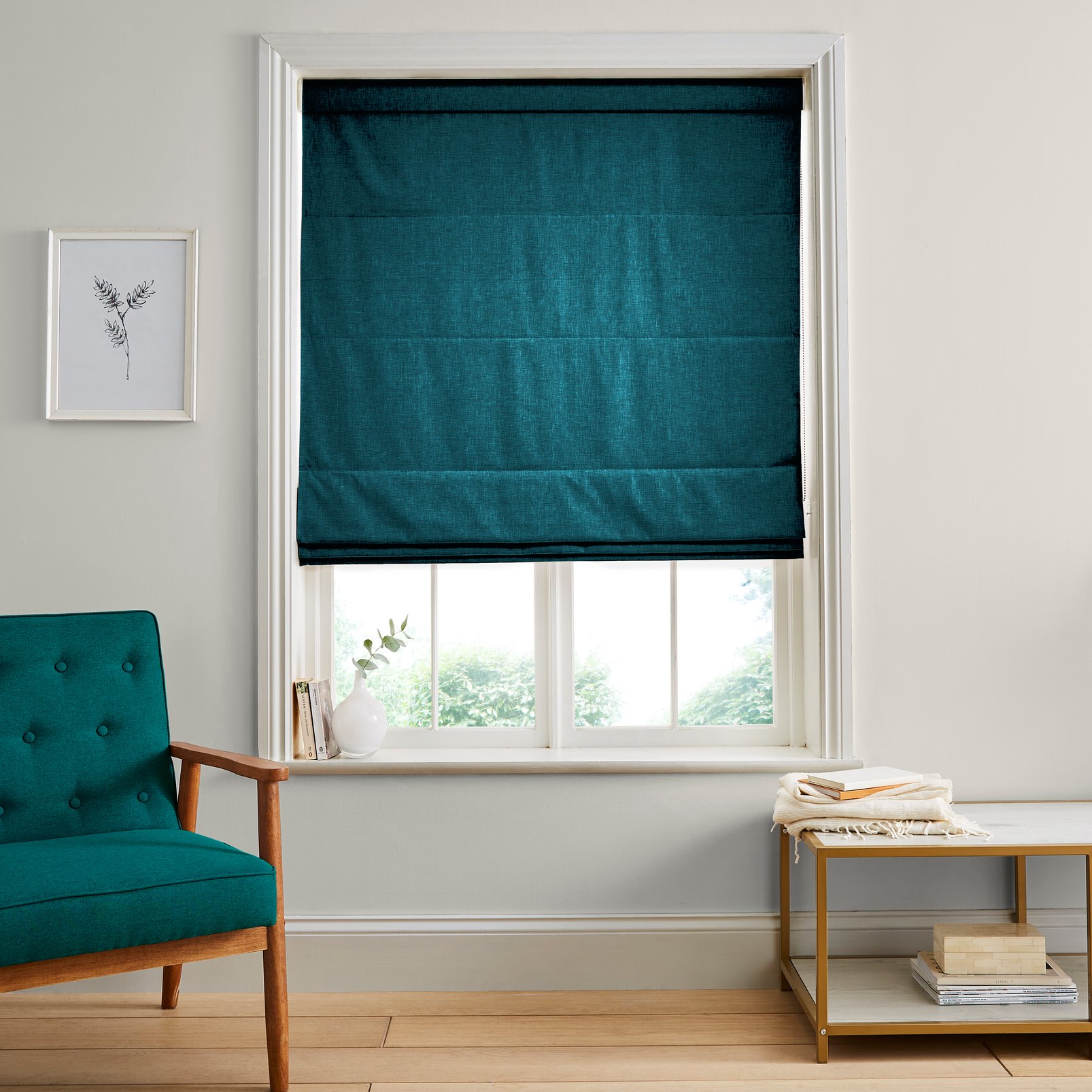 Ethereal Teal Roman Blind in a Roomset