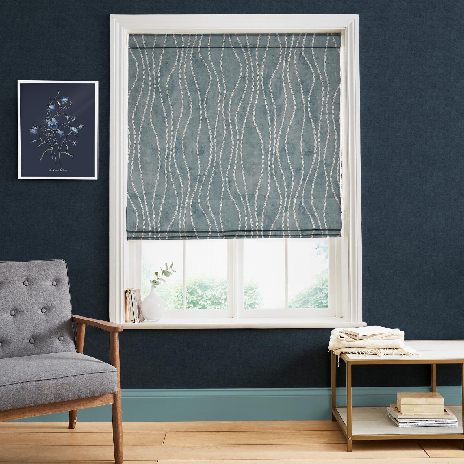 Amara Denim Roman Blind in a Roomset