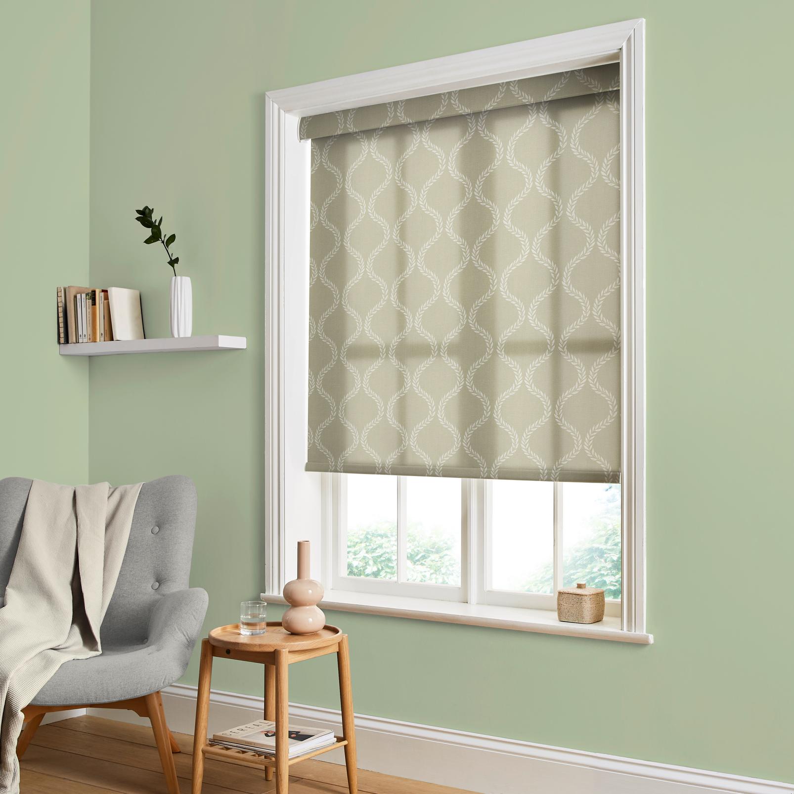 Laurel Leaf Trellis Sage Blackout Sample - 143673rol_ROOMSET_Laurel_Leaf_Trellis_Sage_Roller_Blind_145292_Willow.jpg