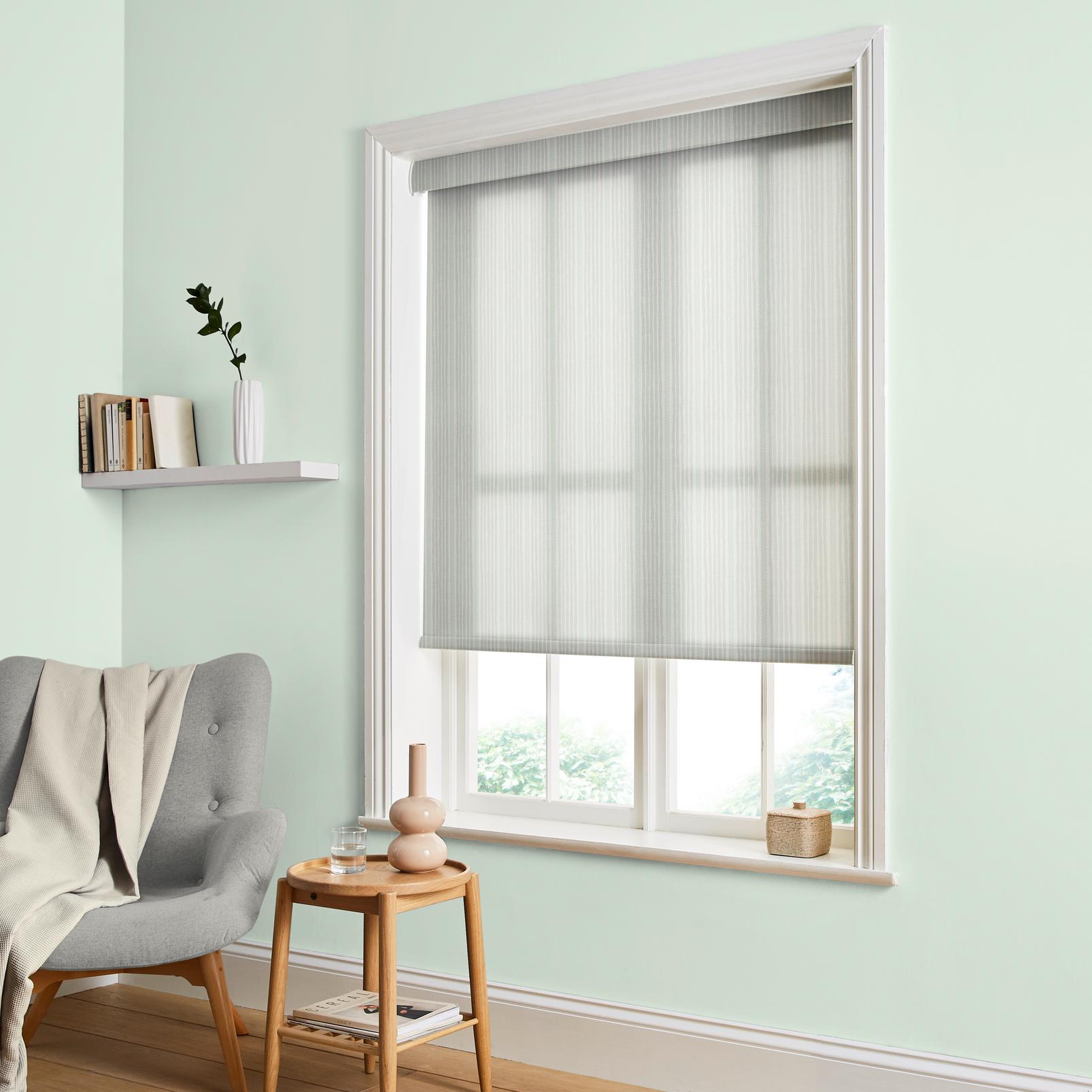 Willow Path Stripe Mist Light Filtering Sample - 143682rol_ROOMSET_Willow_Path_Stripe_Mist_Roller_Blind_110501_Pixie.jpg