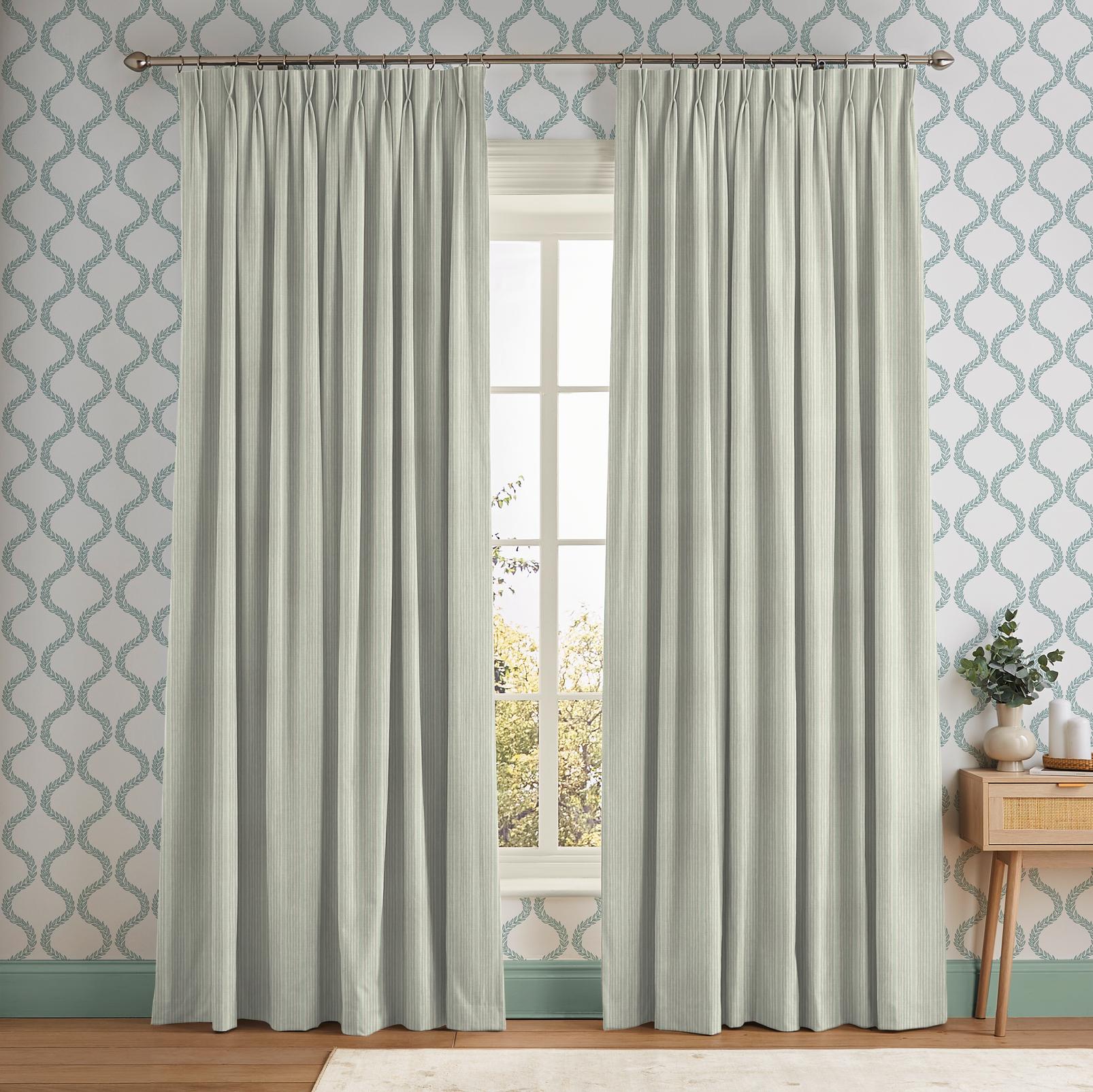 Willow Path Stripe Mist Curtain - 143681cur_ROOMSET_Willow_Path_Stripe_Mist_143532_Laurel_Leaf_Trellis_Mist_Mist.jpg