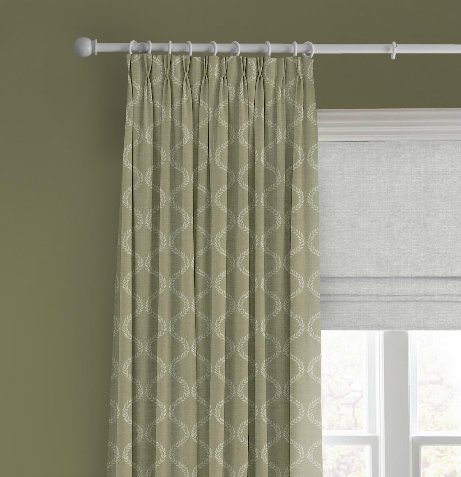 Laurel Leaf Trellis Sage Curtain - 143672cur_CAMEO_Laurel_Leaf_Trellis_Sage_116220_Wallace_Chalk_110248_Military_Operation.jpg